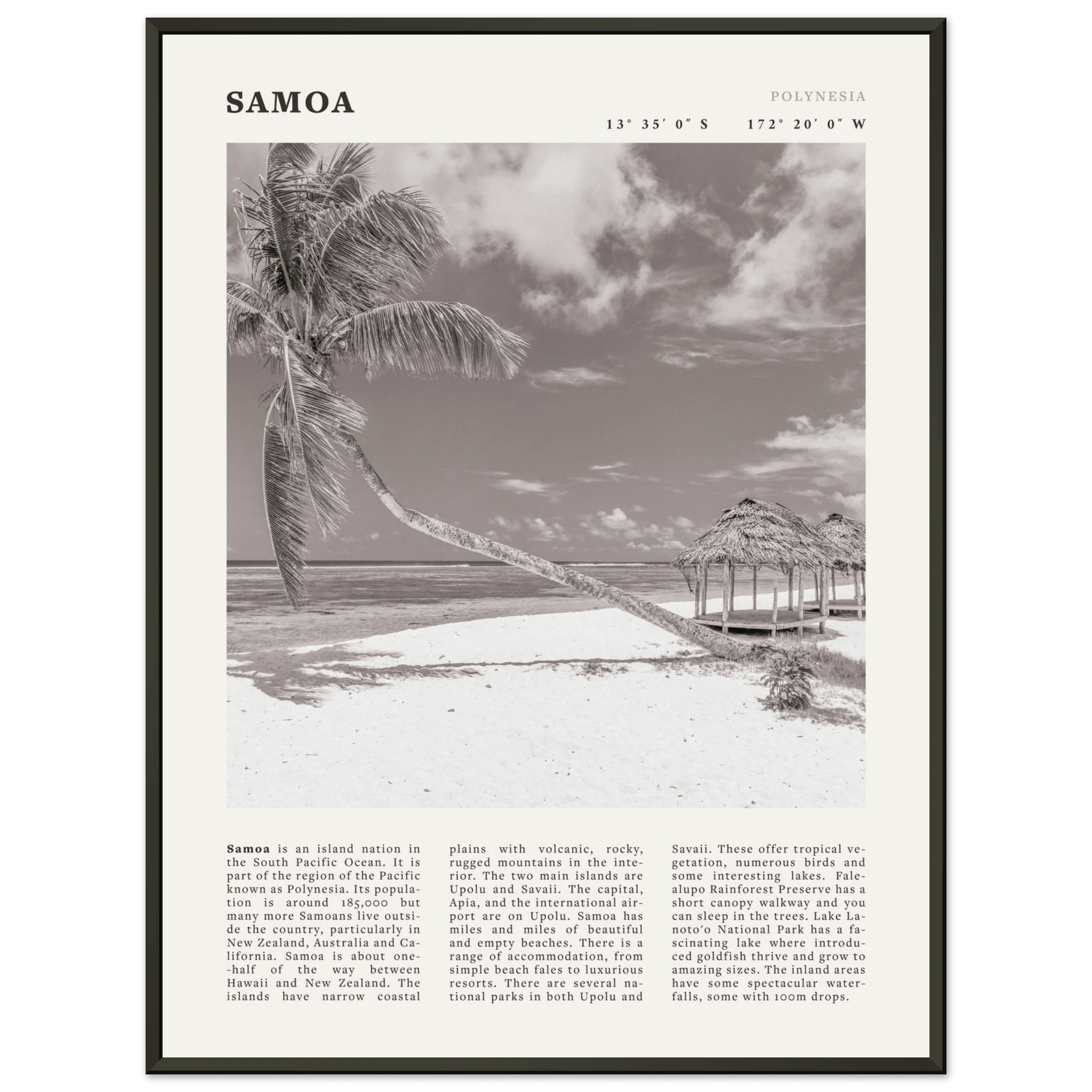 Samoa Poster | Black & White South Pacific Beach Wall Art | Polynesia Travel Print - Evergreen Posters