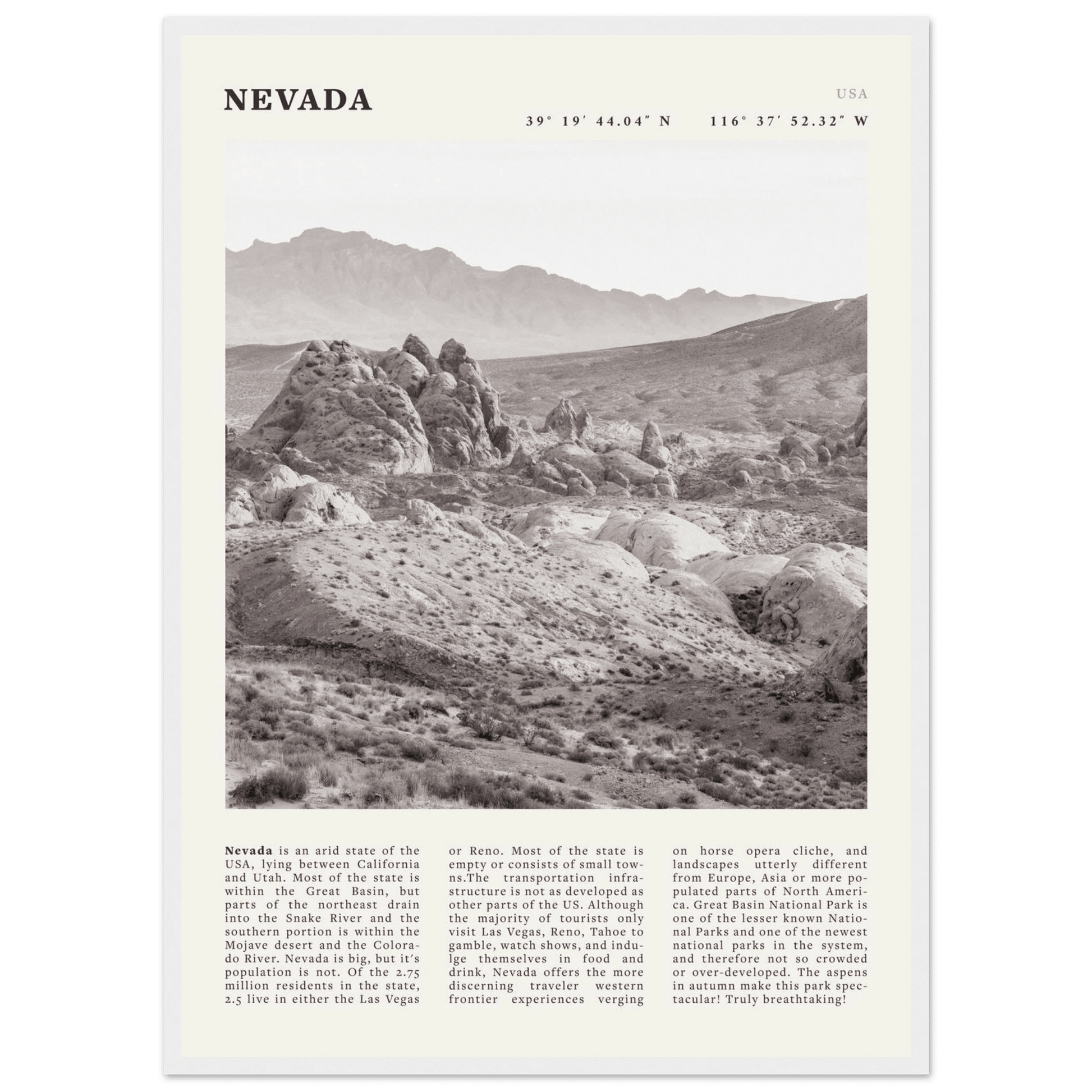 Nevada Poster | Black & White Desert Landscape Wall Art | USA Travel Print Decor - Evergreen Posters
