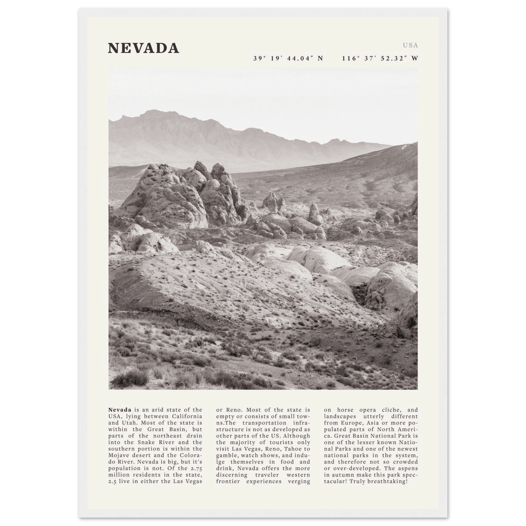 Nevada Poster | Black & White Desert Landscape Wall Art | USA Travel Print Decor - Evergreen Posters