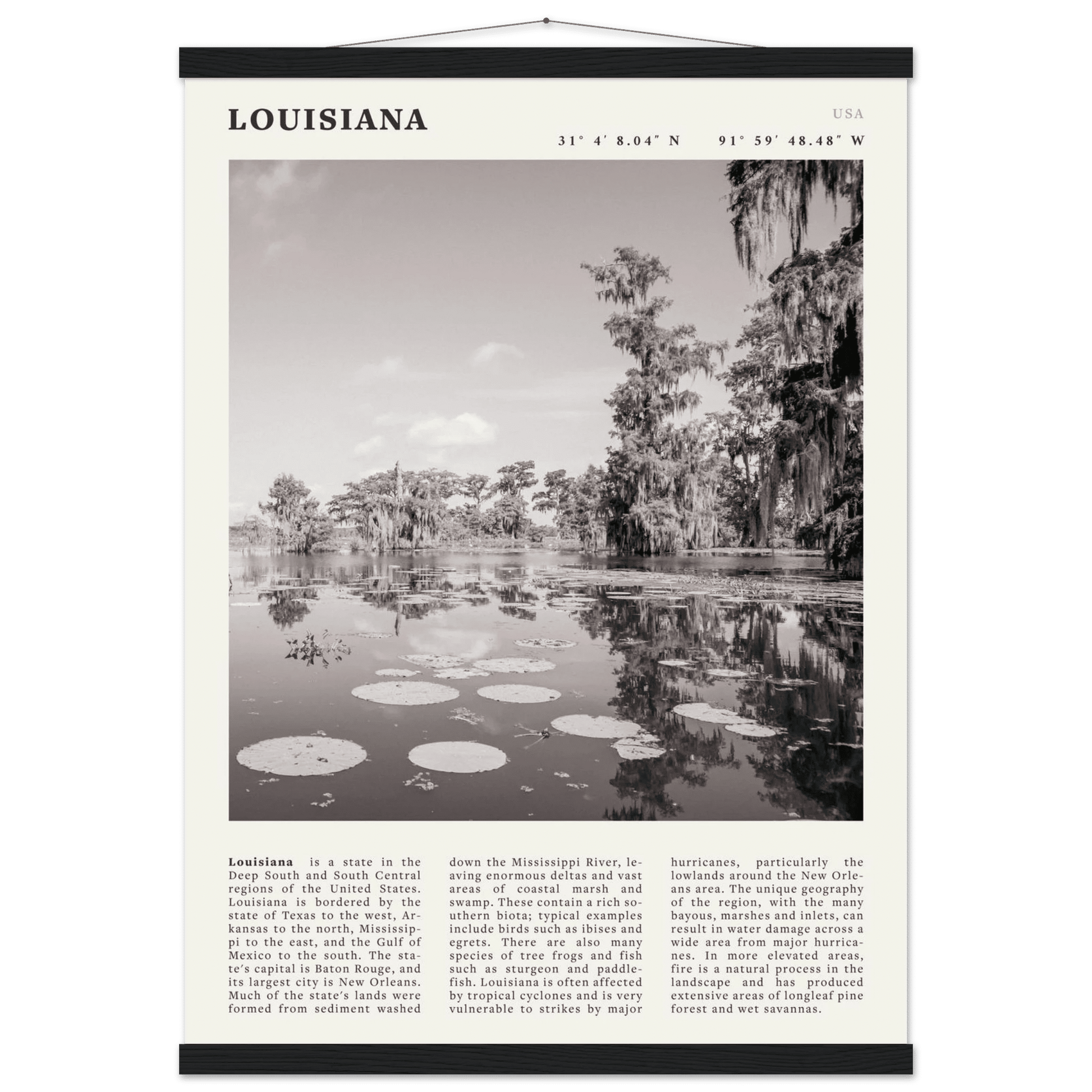 Louisiana Poster | Black & White Bayou Wall Art | Southern USA Travel Print Decor - Evergreen Posters