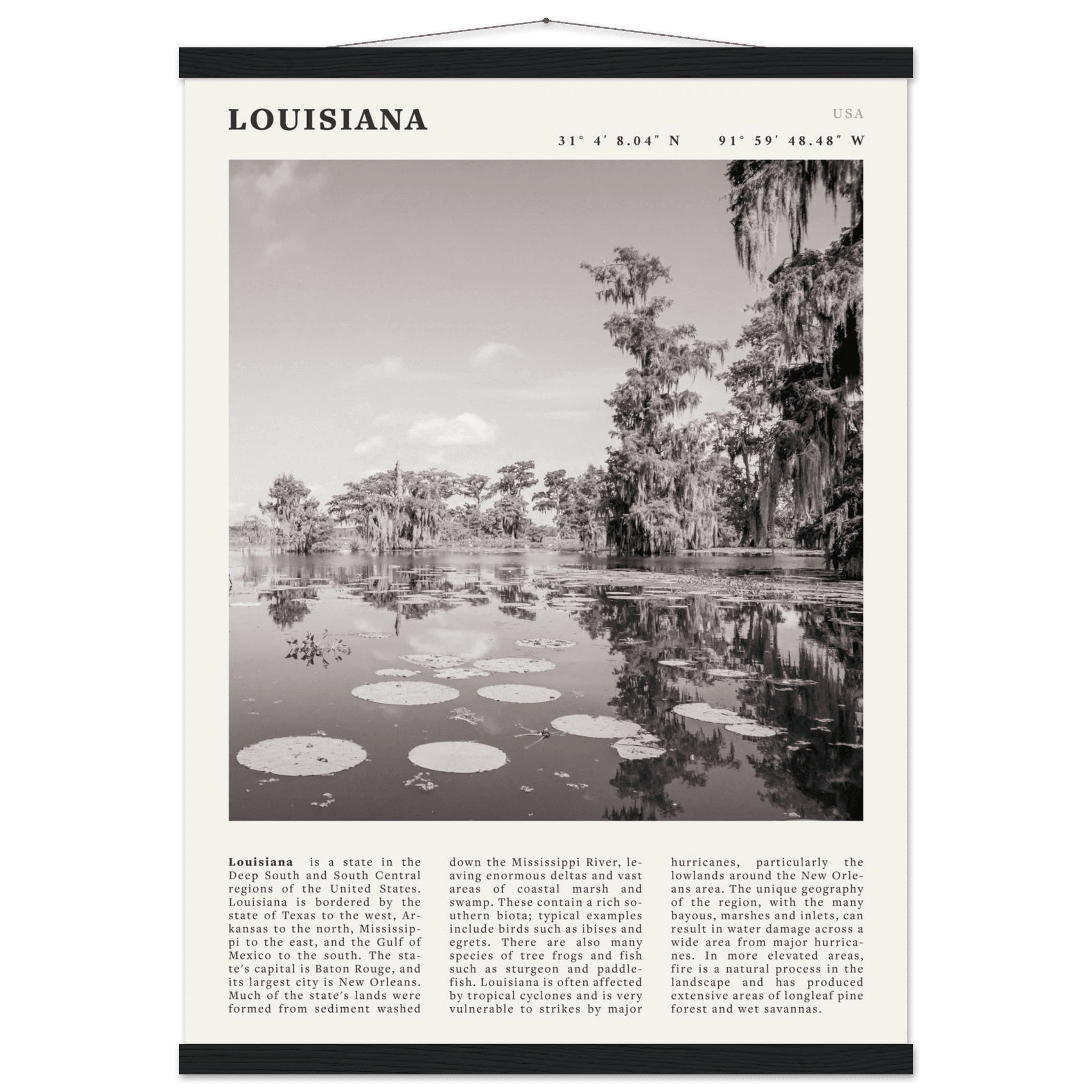 Louisiana Poster | Black & White Bayou Wall Art | Southern USA Travel Print Decor - Evergreen Posters