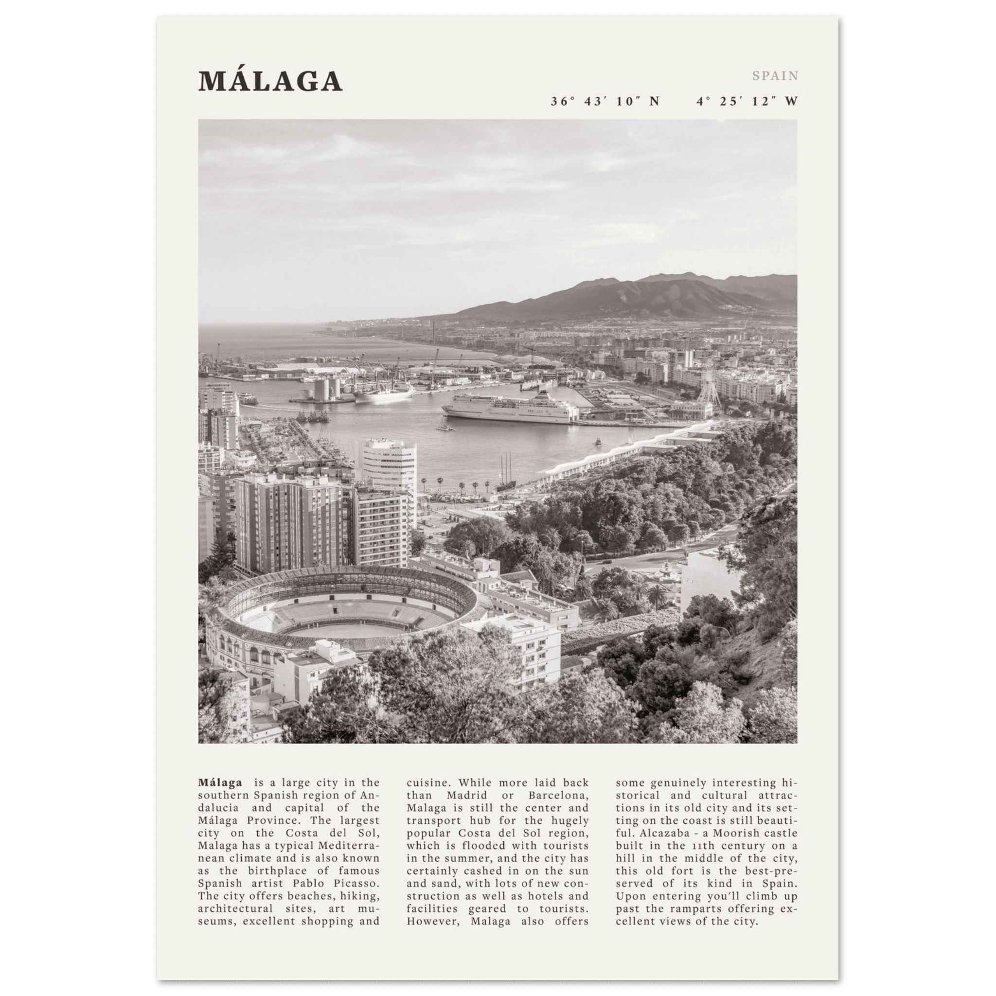 Málaga Poster | Black & White Costa del Sol Wall Art | Spain Travel Print - Evergreen Posters