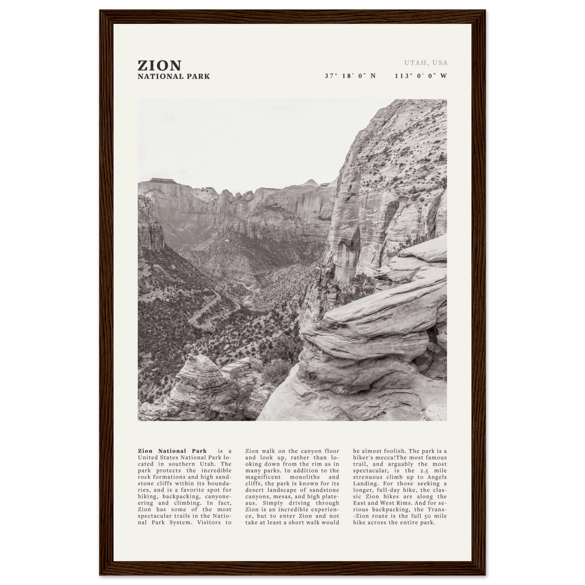 Zion National Park Poster | Black & White Utah Canyon Wall Art | USA Travel Print - Evergreen Posters