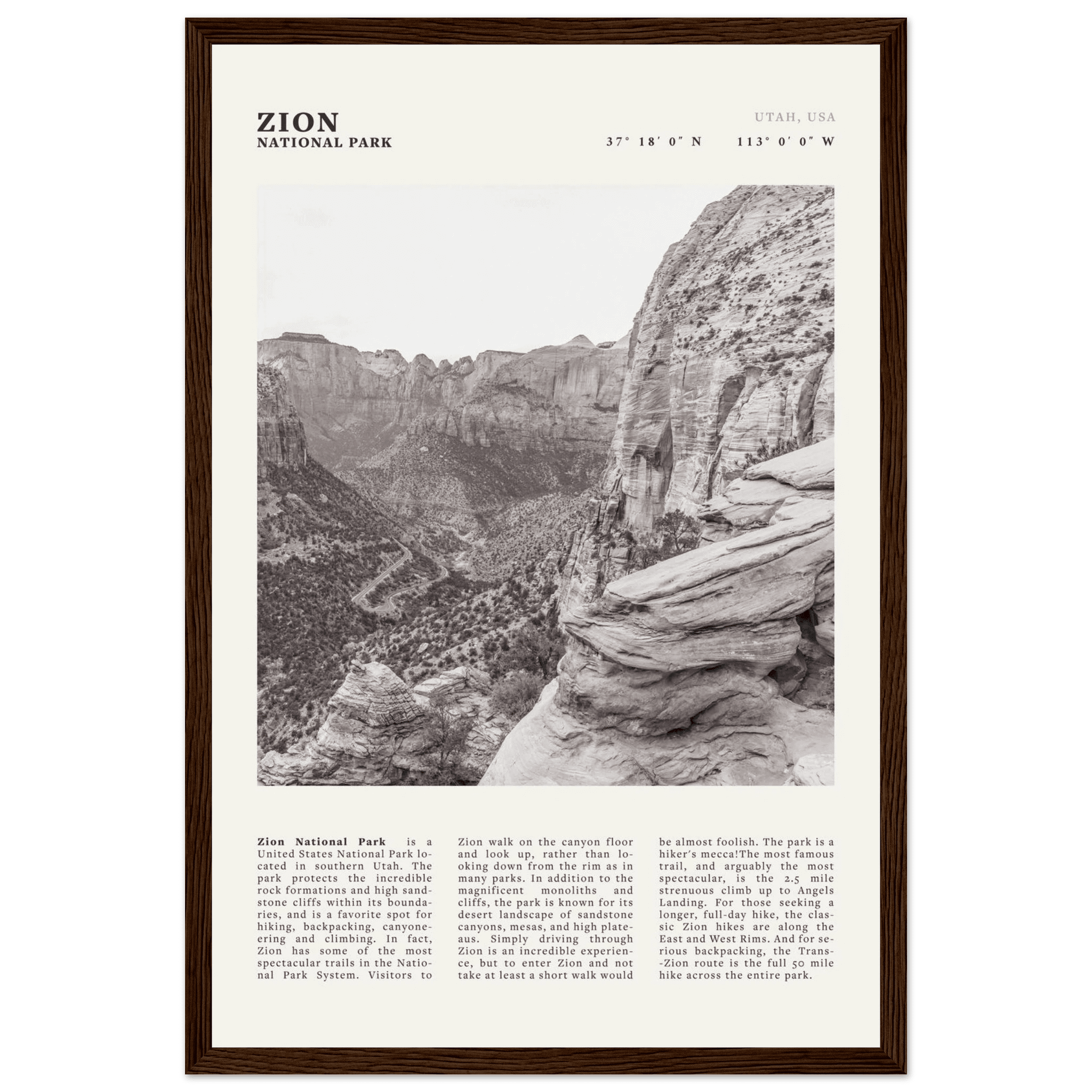 Zion National Park Poster | Black & White Utah Canyon Wall Art | USA Travel Print - Evergreen Posters