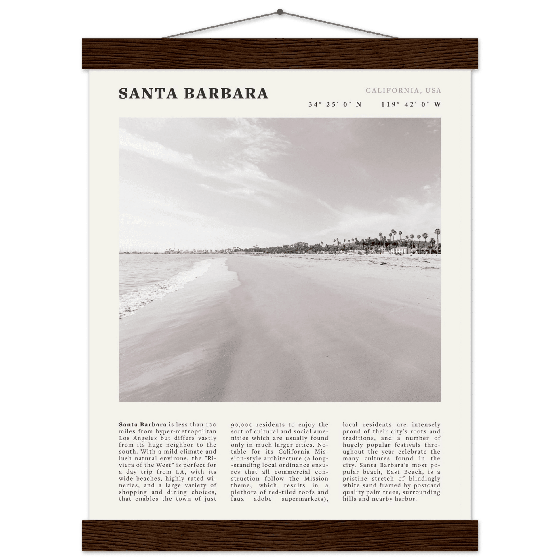 Santa Barbara Poster | Black & White California Beach Wall Art | CA Travel Print - Evergreen Posters