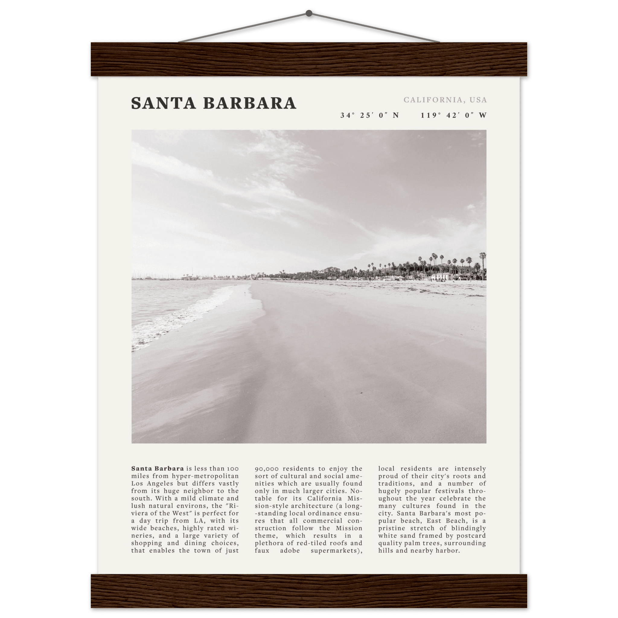 Santa Barbara Poster | Black & White California Beach Wall Art | CA Travel Print - Evergreen Posters