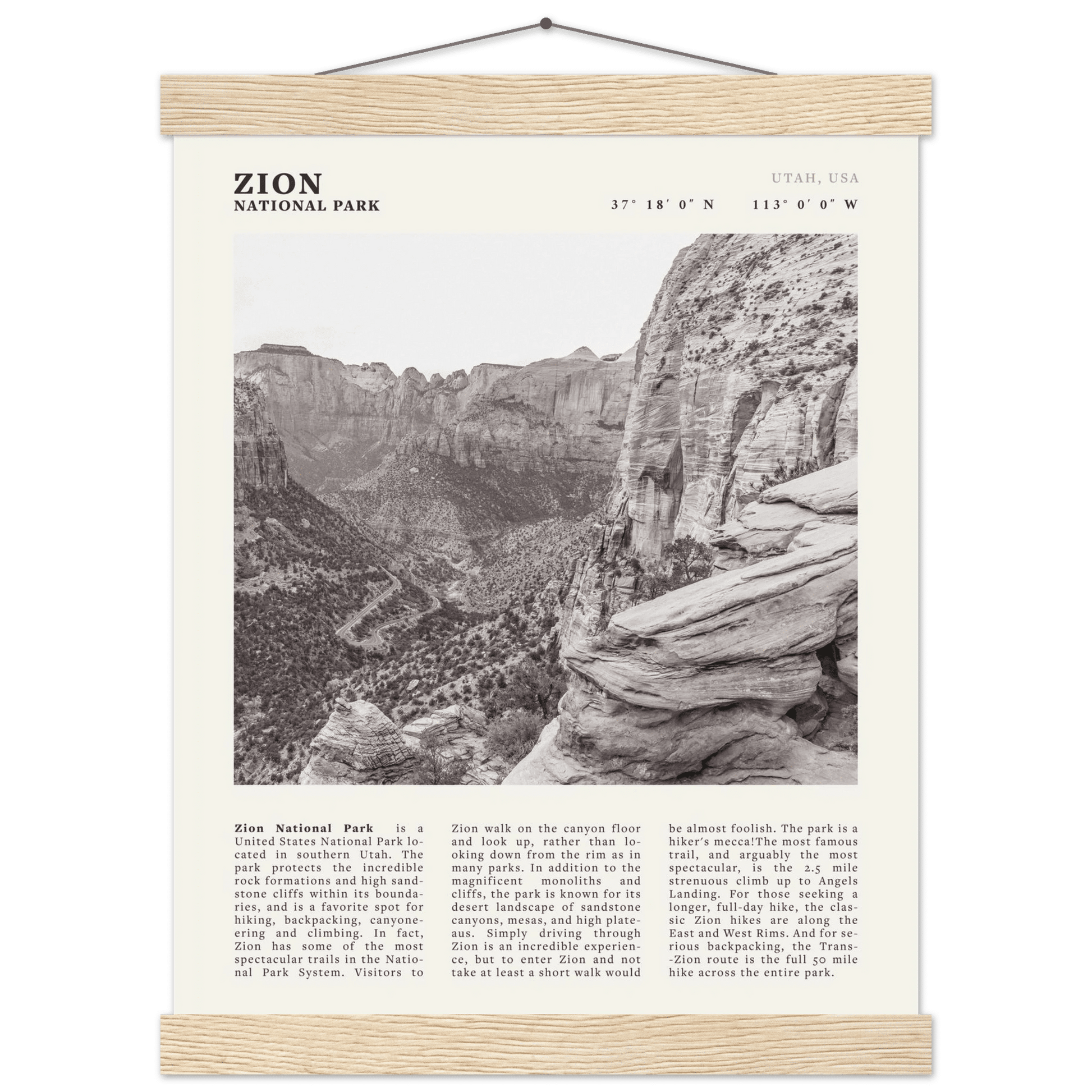 Zion National Park Poster | Black & White Utah Canyon Wall Art | USA Travel Print - Evergreen Posters