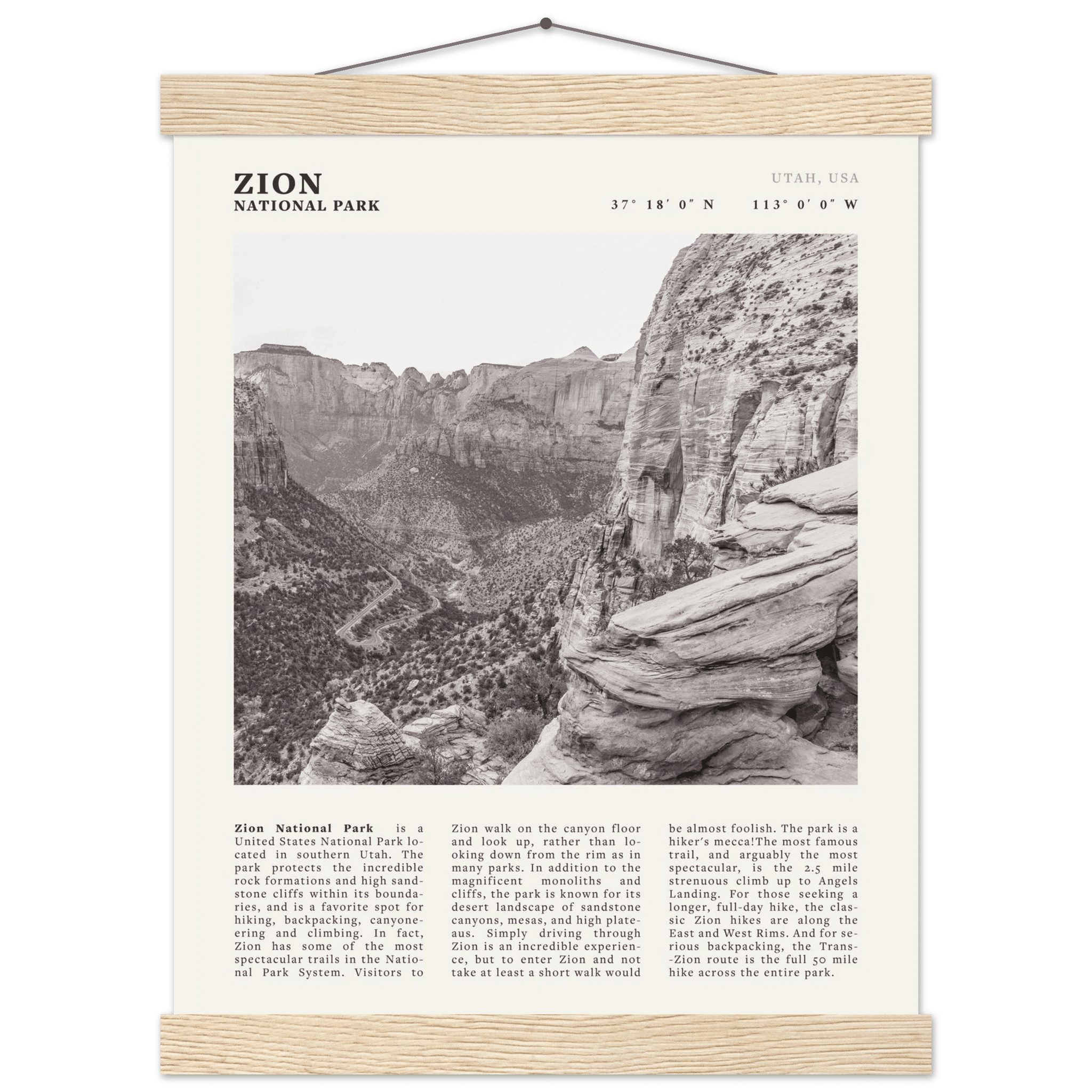 Zion National Park Poster | Black & White Utah Canyon Wall Art | USA Travel Print - Evergreen Posters