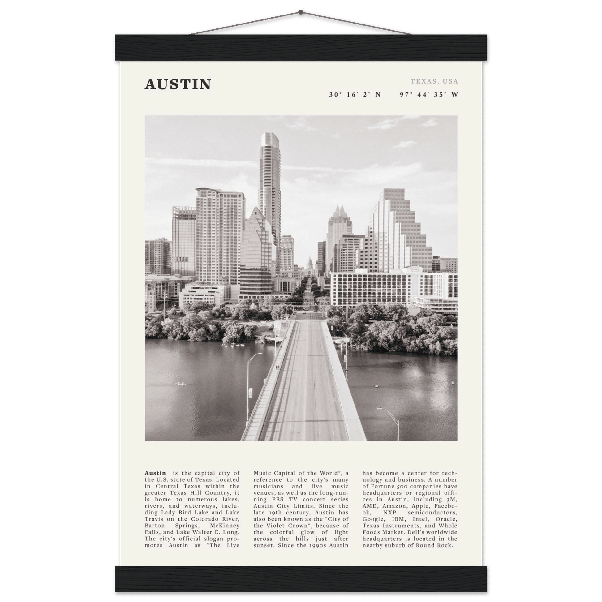 Austin Poster | Black & White Texas Skyline Wall Art | City Travel Print Decor - Evergreen Posters