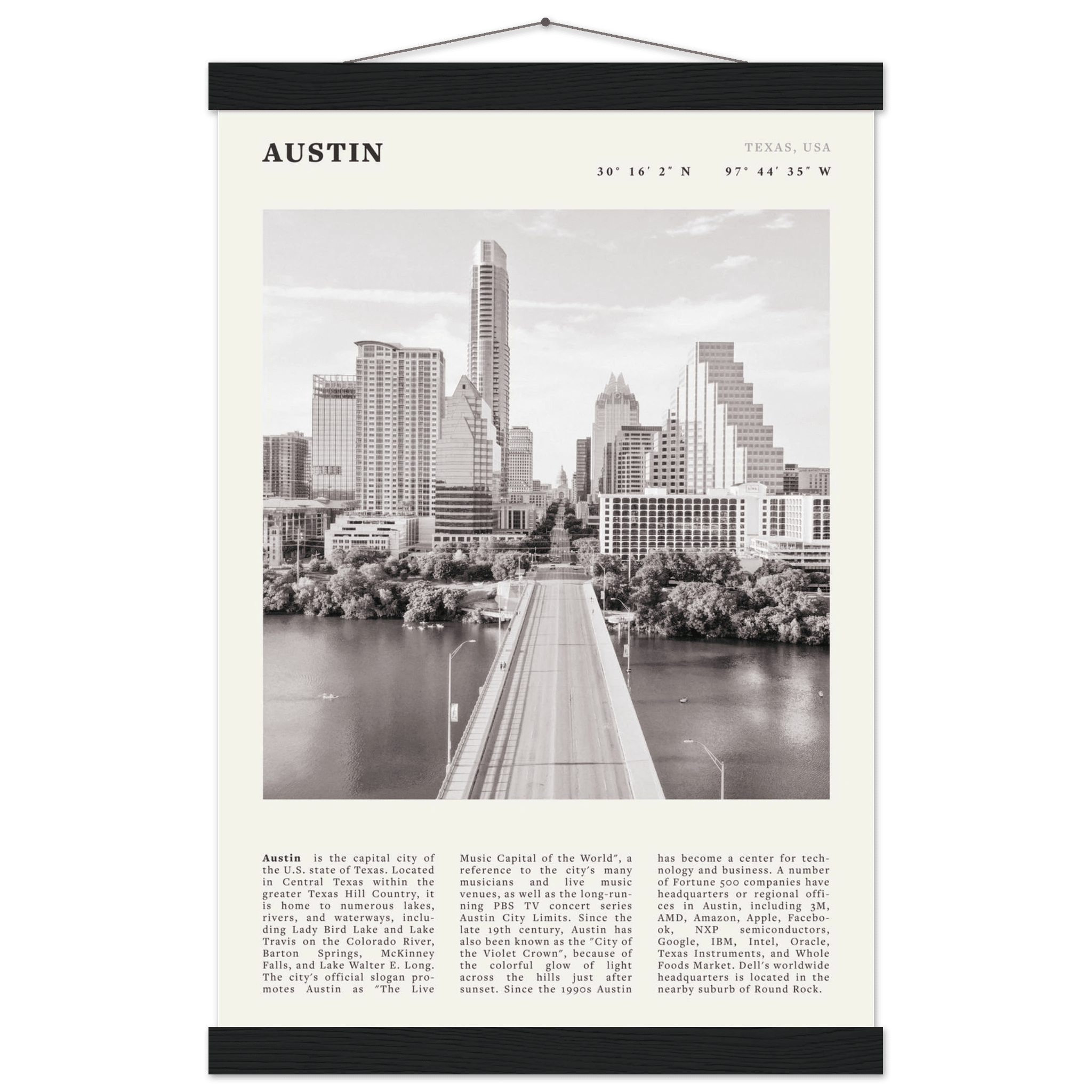 Austin Poster | Black & White Texas Skyline Wall Art | City Travel Print Decor - Evergreen Posters