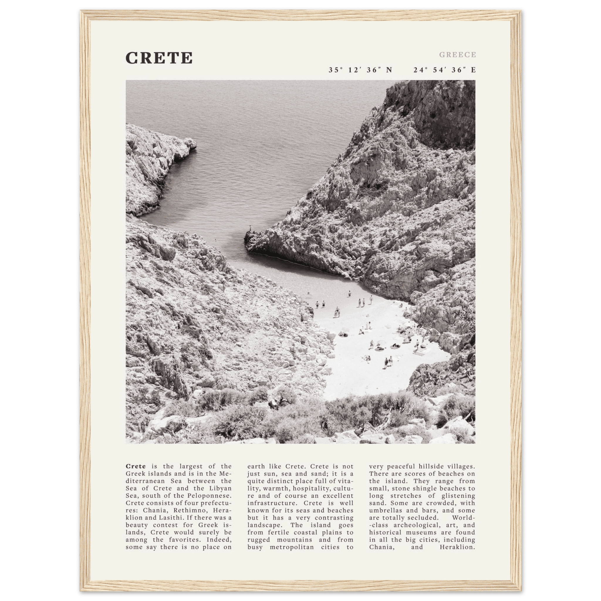 Crete Poster | Black & White Greece Beach Wall Art | Mediterranean Travel Print - Evergreen Posters