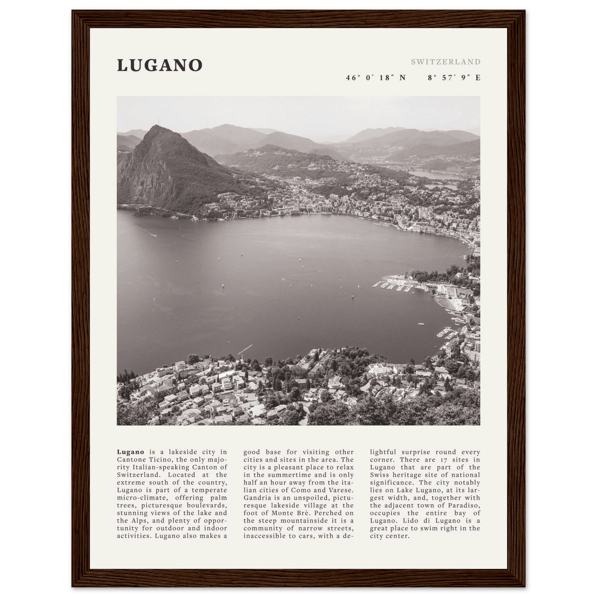 Lugano Poster | Black & White Swiss Lake Wall Art | Switzerland Travel Print - Evergreen Posters
