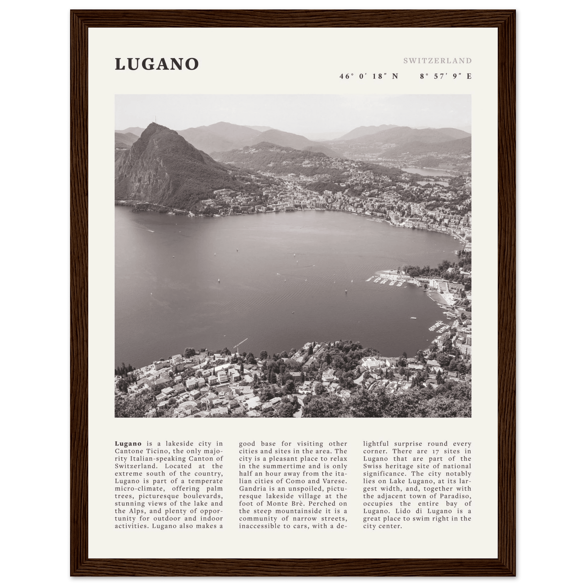 Lugano Poster | Black & White Swiss Lake Wall Art | Switzerland Travel Print - Evergreen Posters