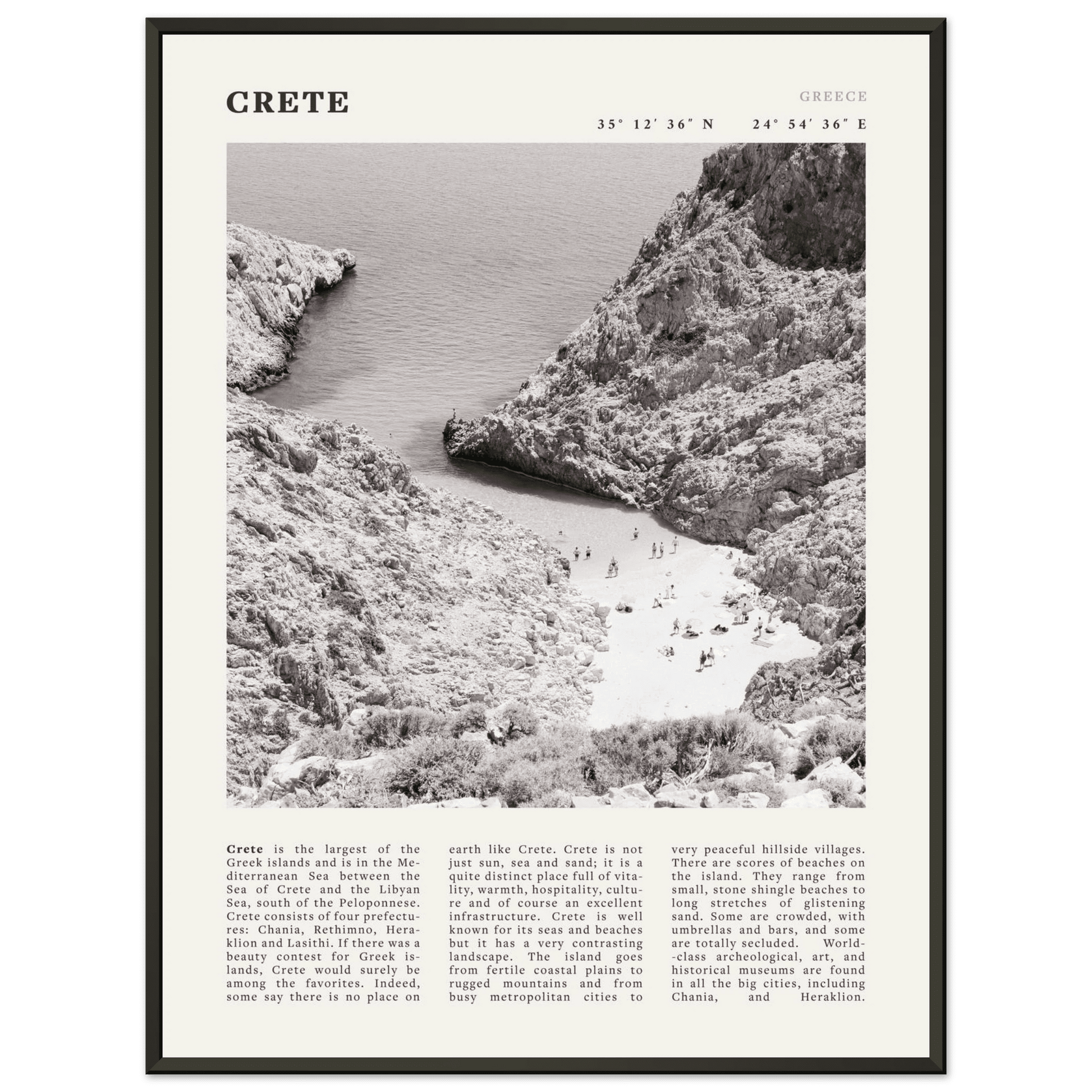 Crete Poster | Black & White Greece Beach Wall Art | Mediterranean Travel Print - Evergreen Posters