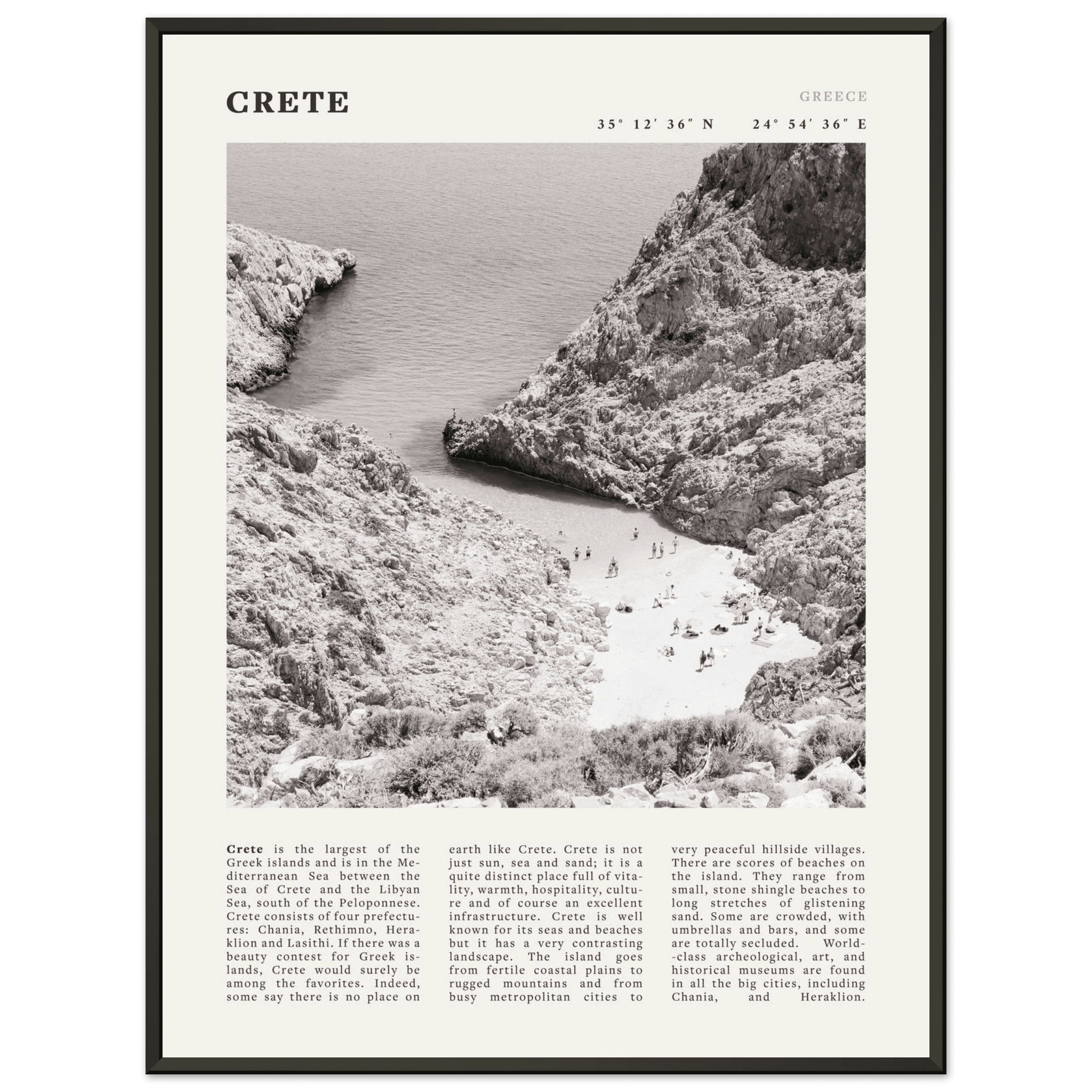 Crete Poster | Black & White Greece Beach Wall Art | Mediterranean Travel Print - Evergreen Posters