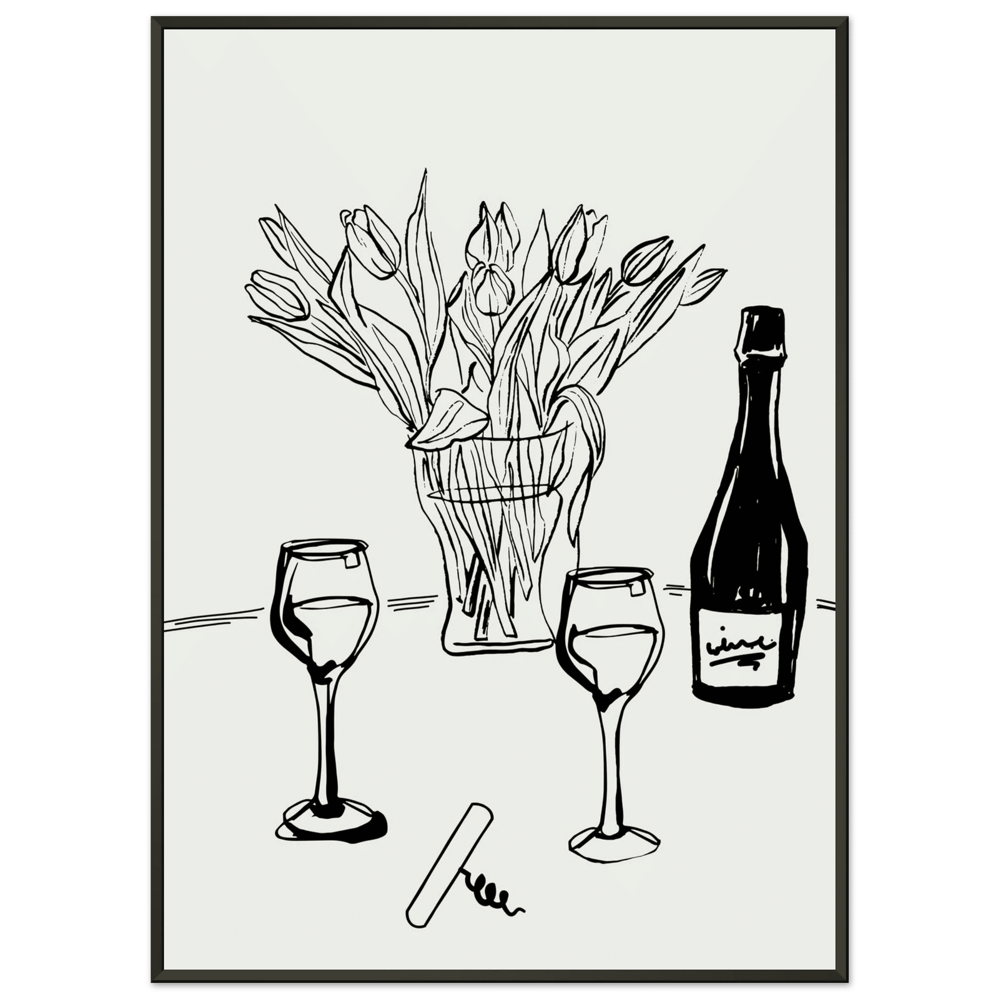 Wine & Tulips Print | Black Line Art Wine Bottle Wall Art | Minimalist Kitchen Poster - Evergreen Posters