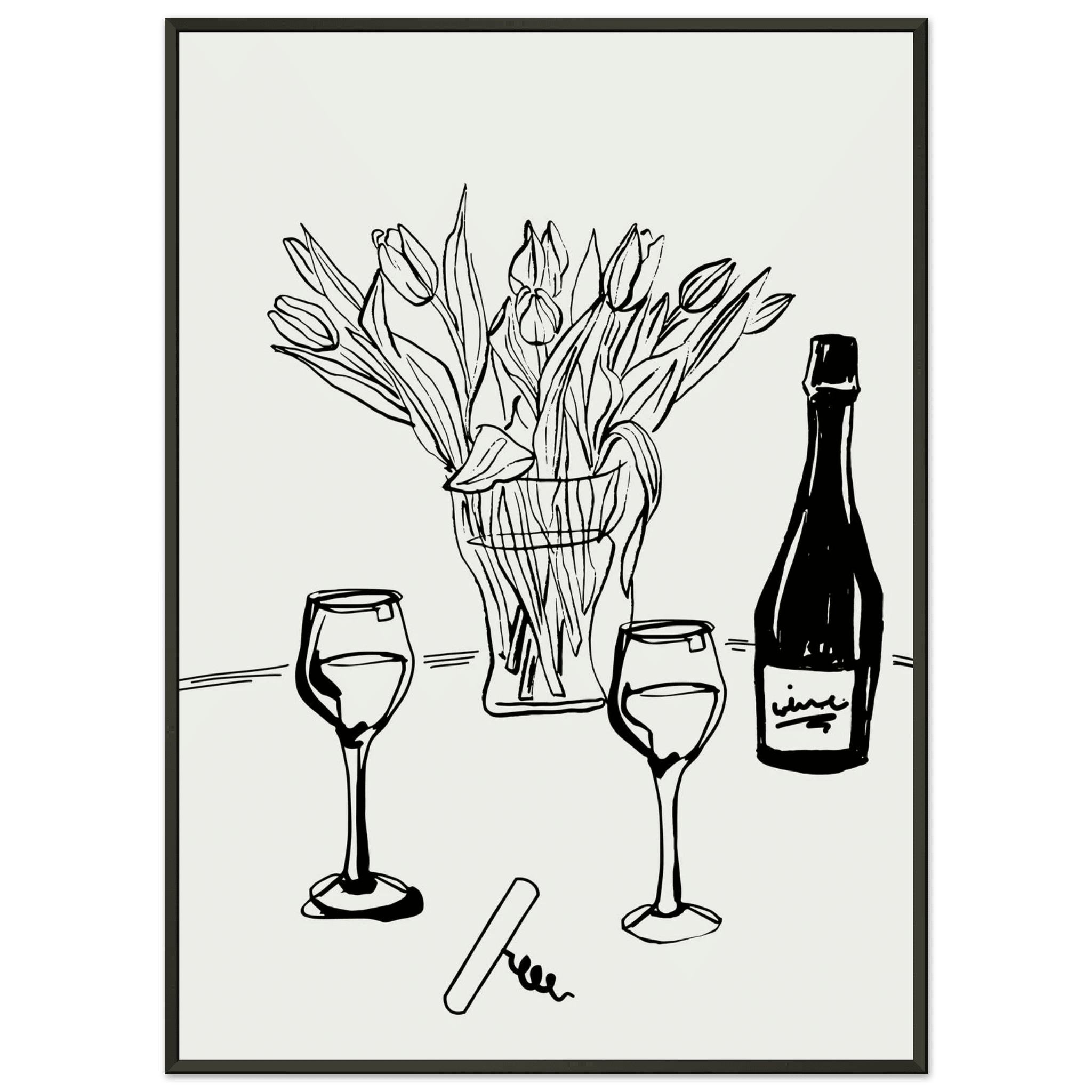 Wine & Tulips Print | Black Line Art Wine Bottle Wall Art | Minimalist Kitchen Poster - Evergreen Posters