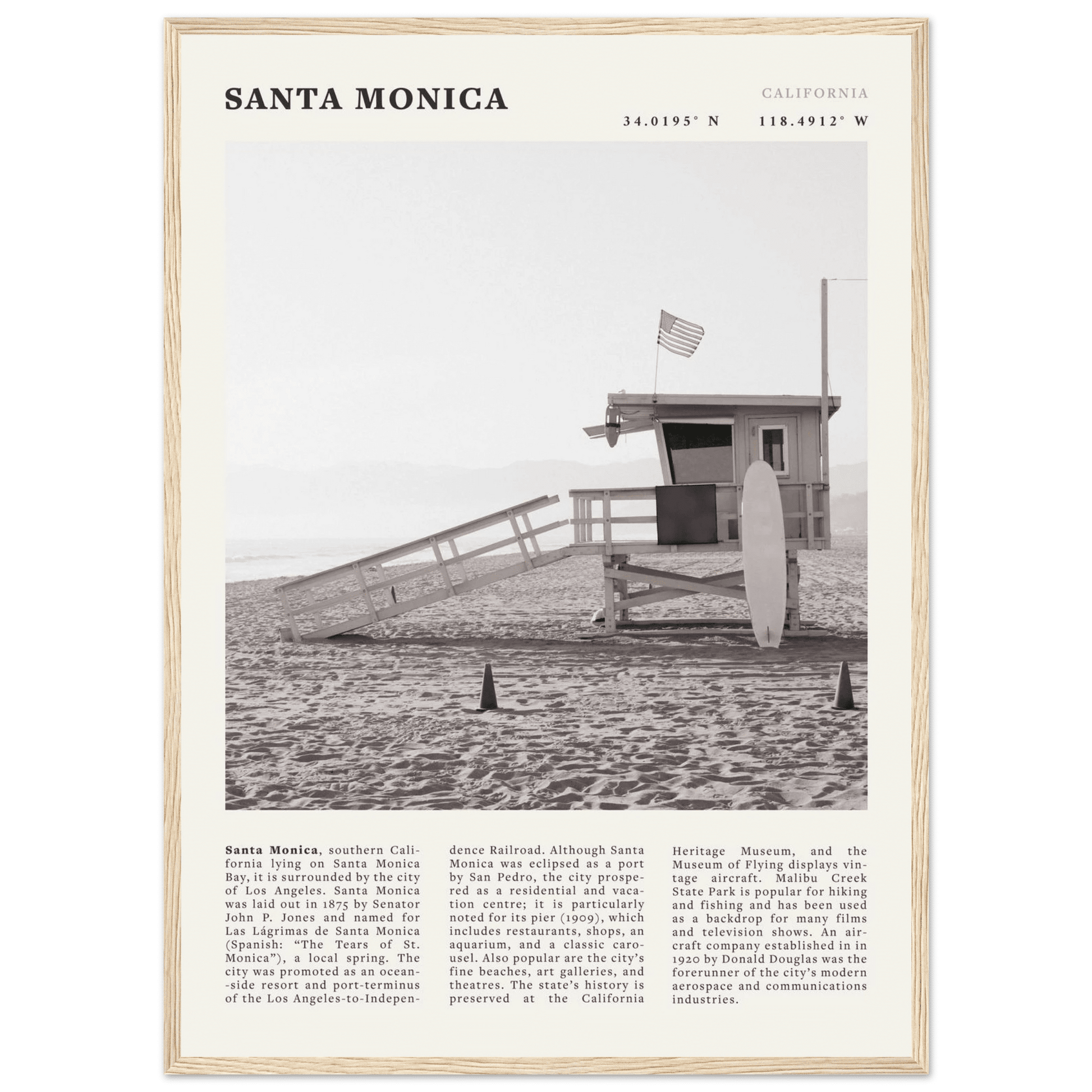 Santa Monica Poster | Black & White California Wall Art | Beach Travel Print | Coastal Decor - Evergreen Posters
