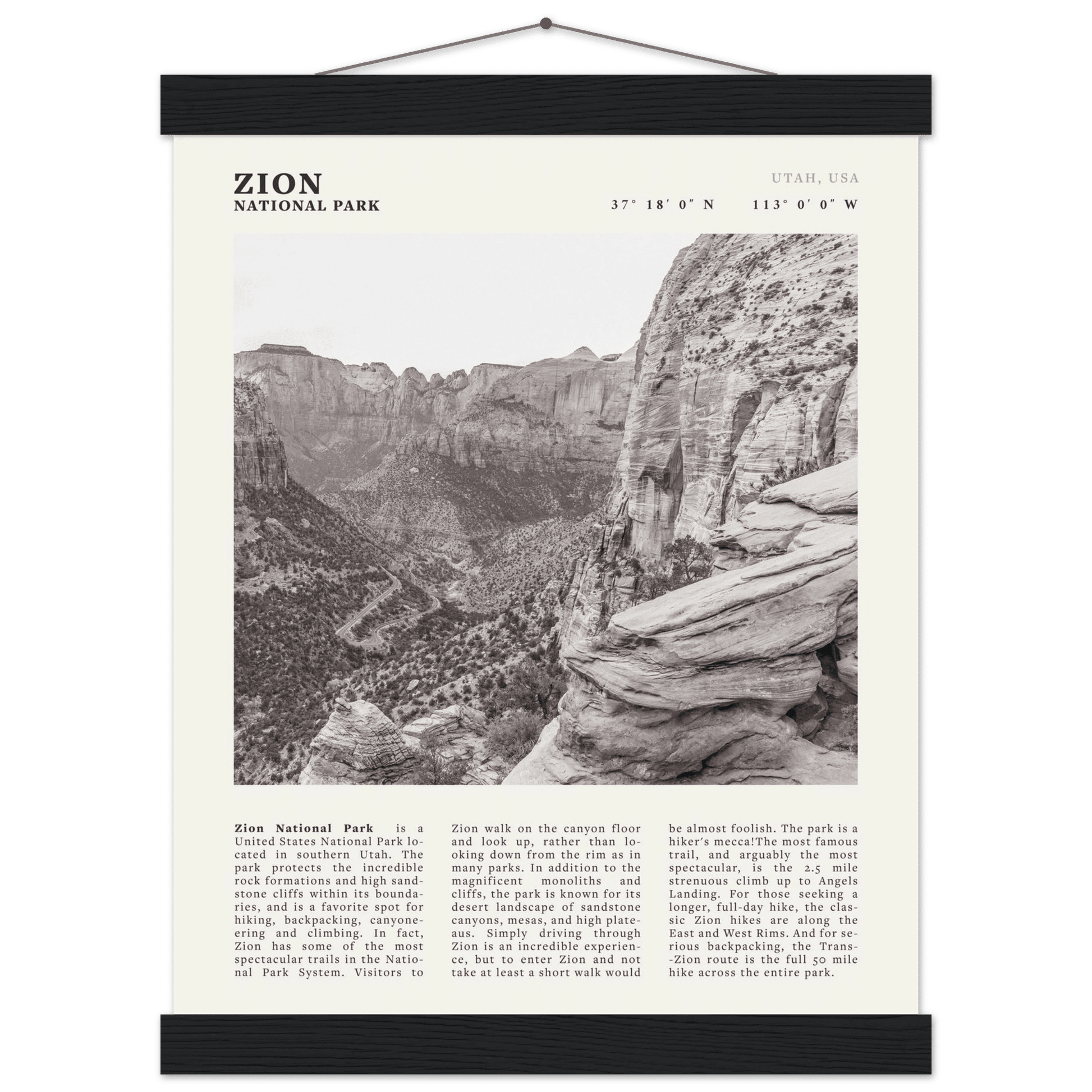 Zion National Park Poster | Black & White Utah Canyon Wall Art | USA Travel Print - Evergreen Posters