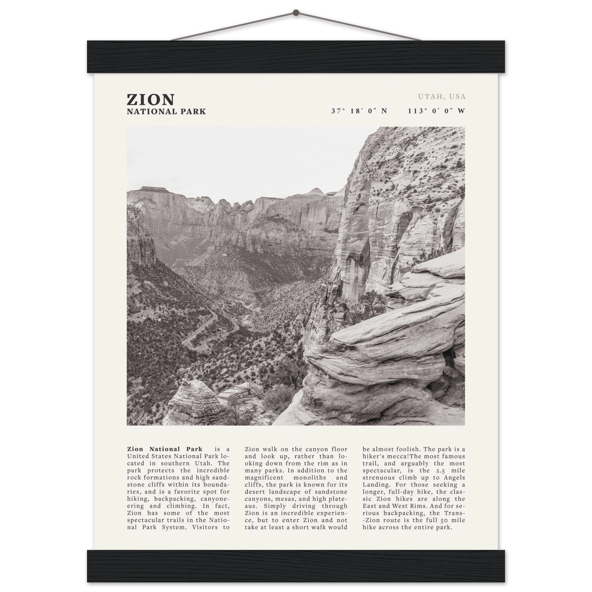 Zion National Park Poster | Black & White Utah Canyon Wall Art | USA Travel Print - Evergreen Posters