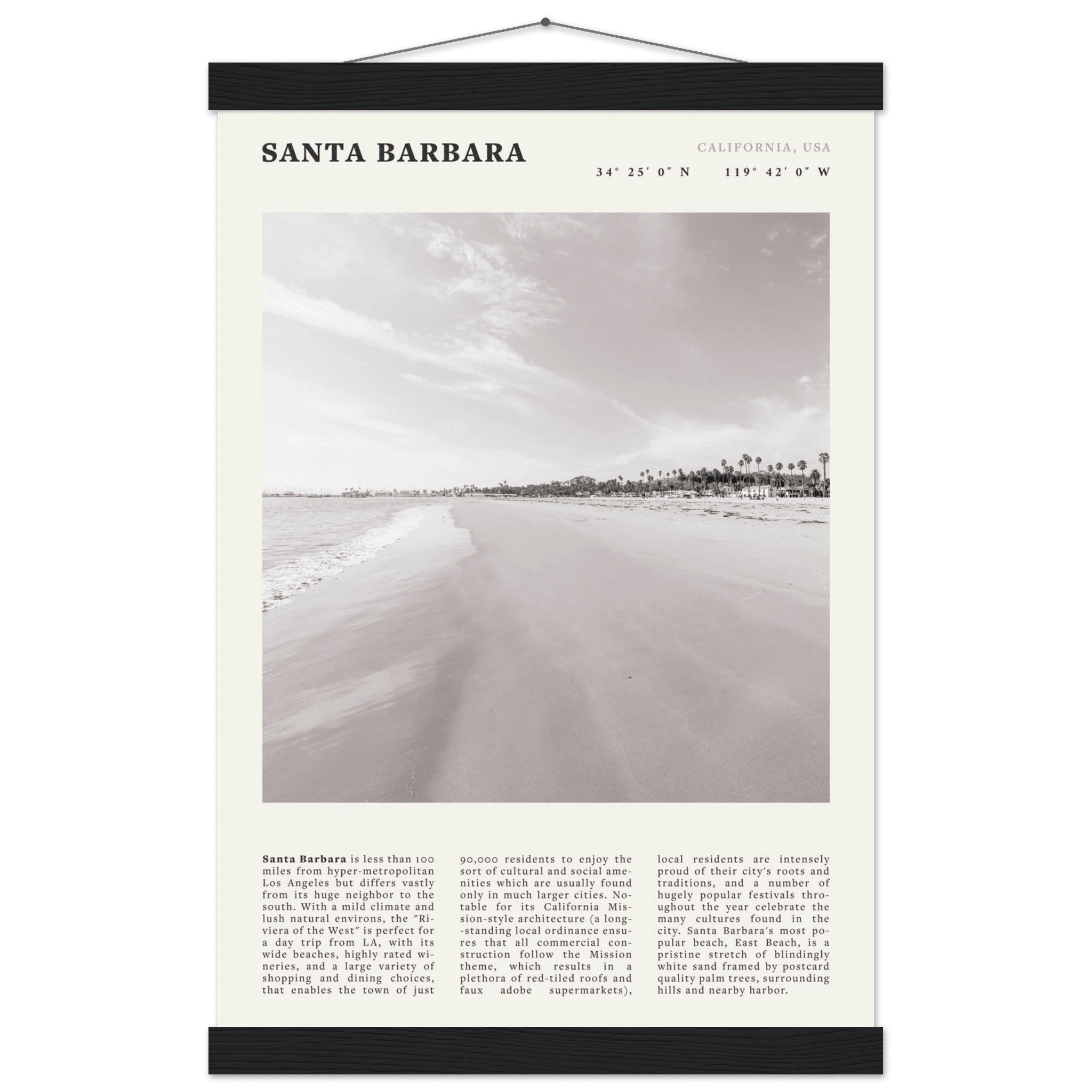 Santa Barbara Poster | Black & White California Beach Wall Art | CA Travel Print - Evergreen Posters