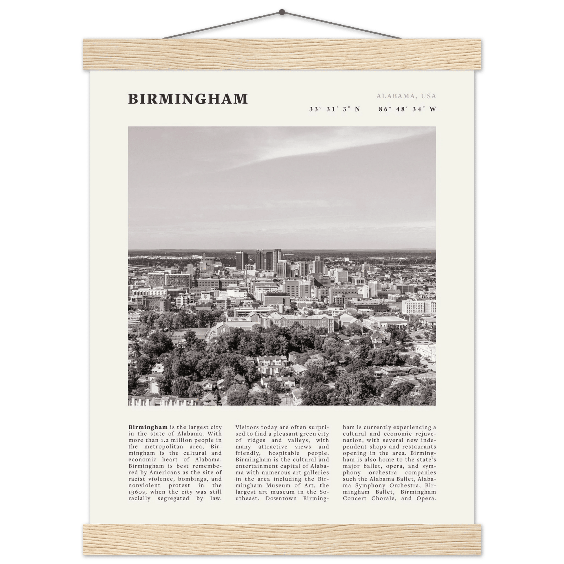 Birmingham Poster | Black & White Alabama Skyline Wall Art | AL Travel Print - Evergreen Posters