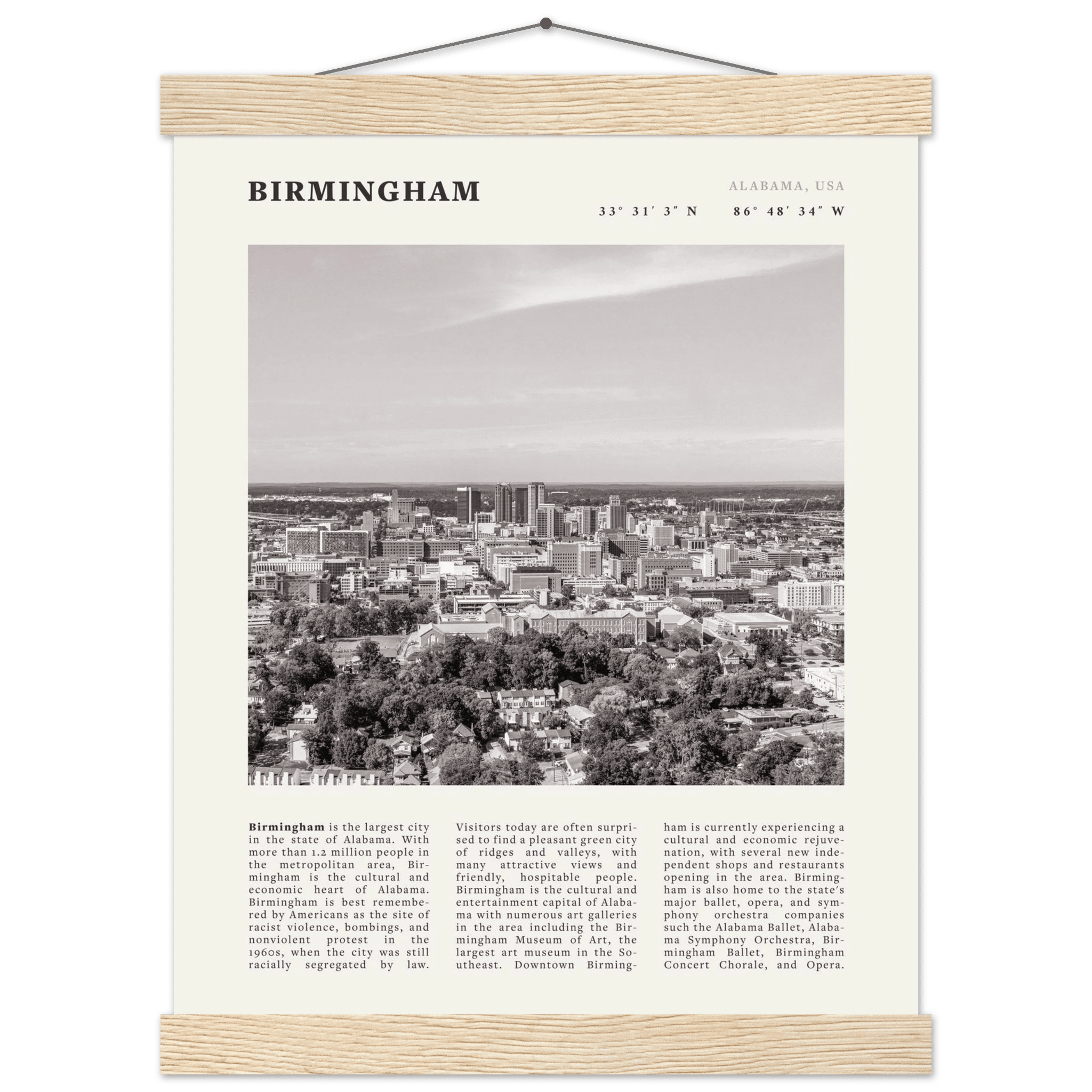 Birmingham Poster | Black & White Alabama Skyline Wall Art | AL Travel Print - Evergreen Posters