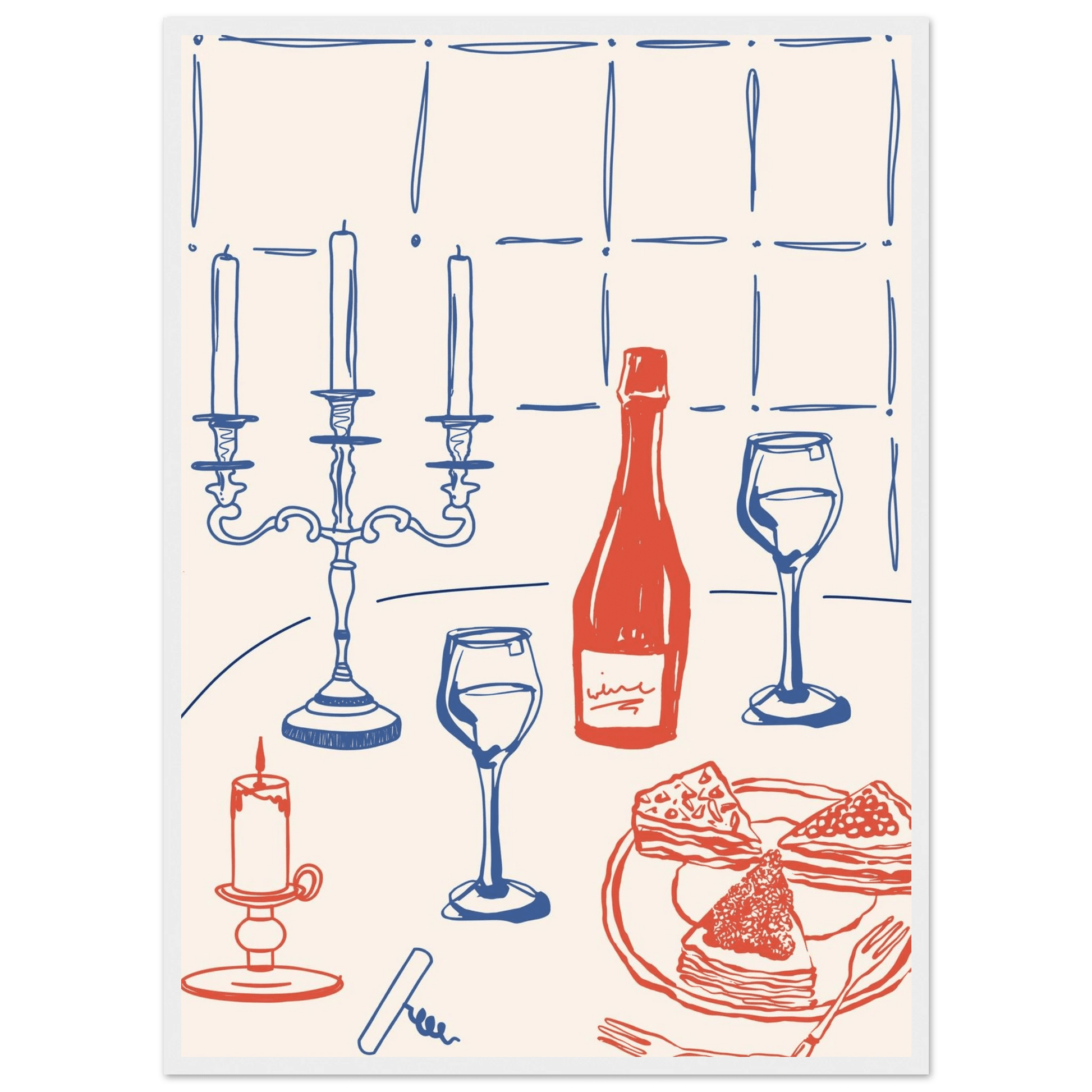 Candlelight Dinner Print | Wine & Candelabra Line Art Wall Art | Kitchen Poster - Evergreen Posters