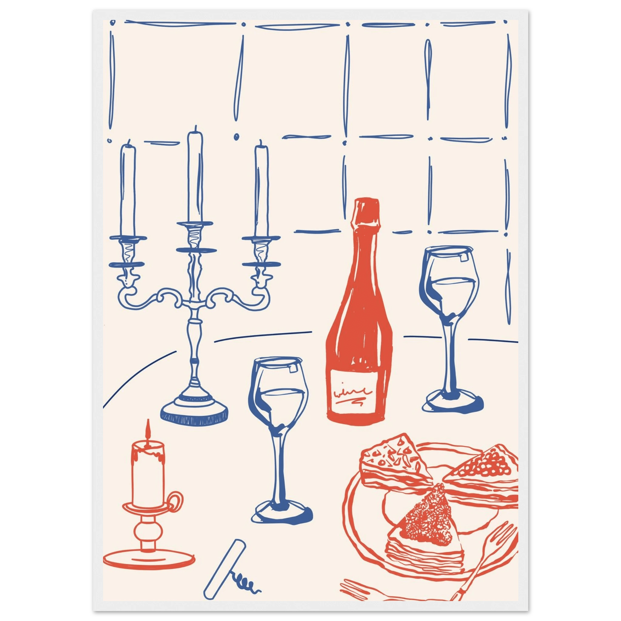 Candlelight Dinner Print | Wine & Candelabra Line Art Wall Art | Kitchen Poster - Evergreen Posters