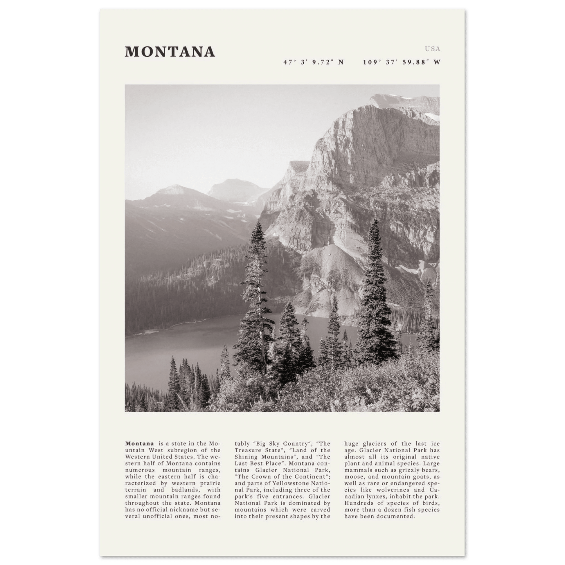 Montana Poster | Black & White Glacier National Park Wall Art | Nature Travel Print - Evergreen Posters