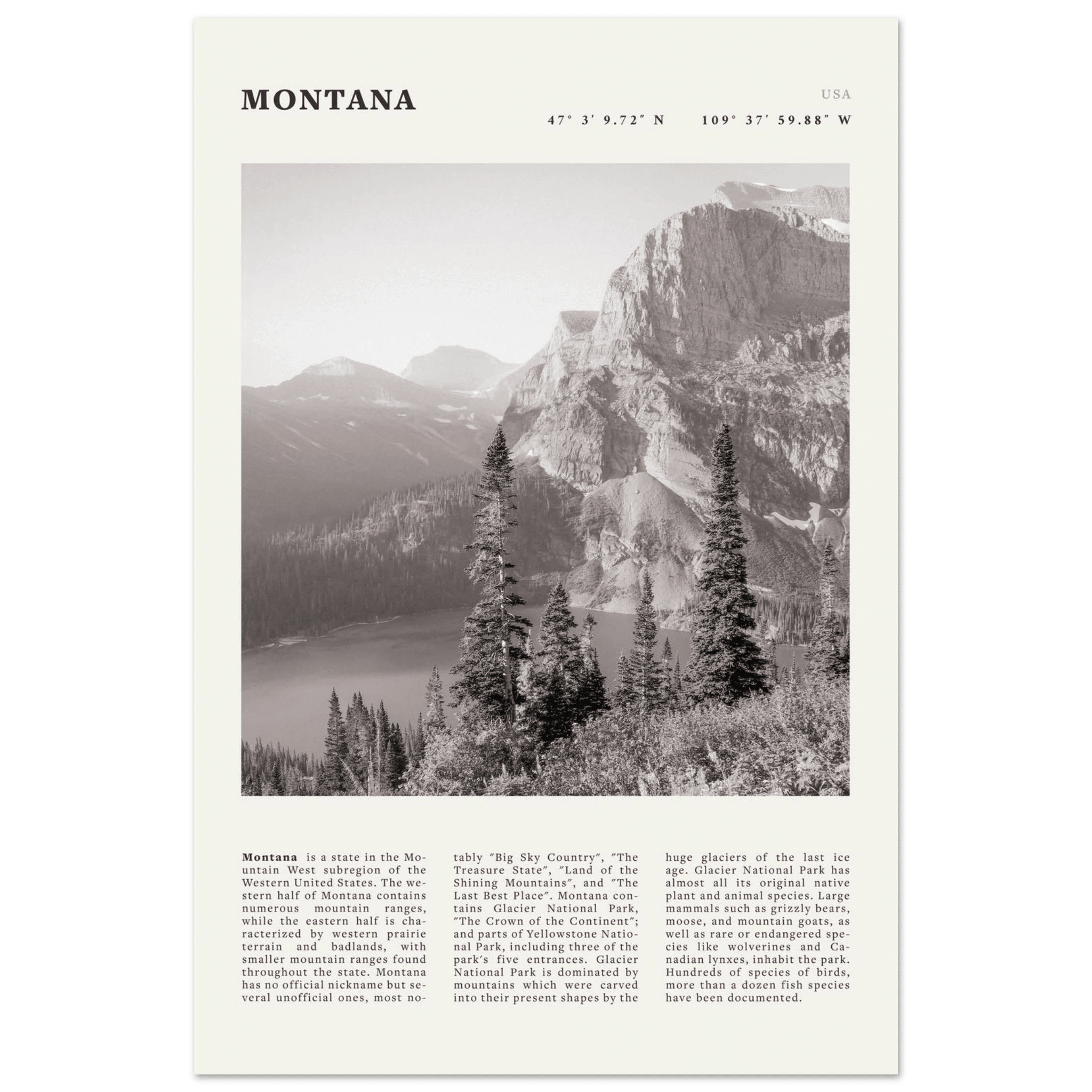 Montana Poster | Black & White Glacier National Park Wall Art | Nature Travel Print - Evergreen Posters