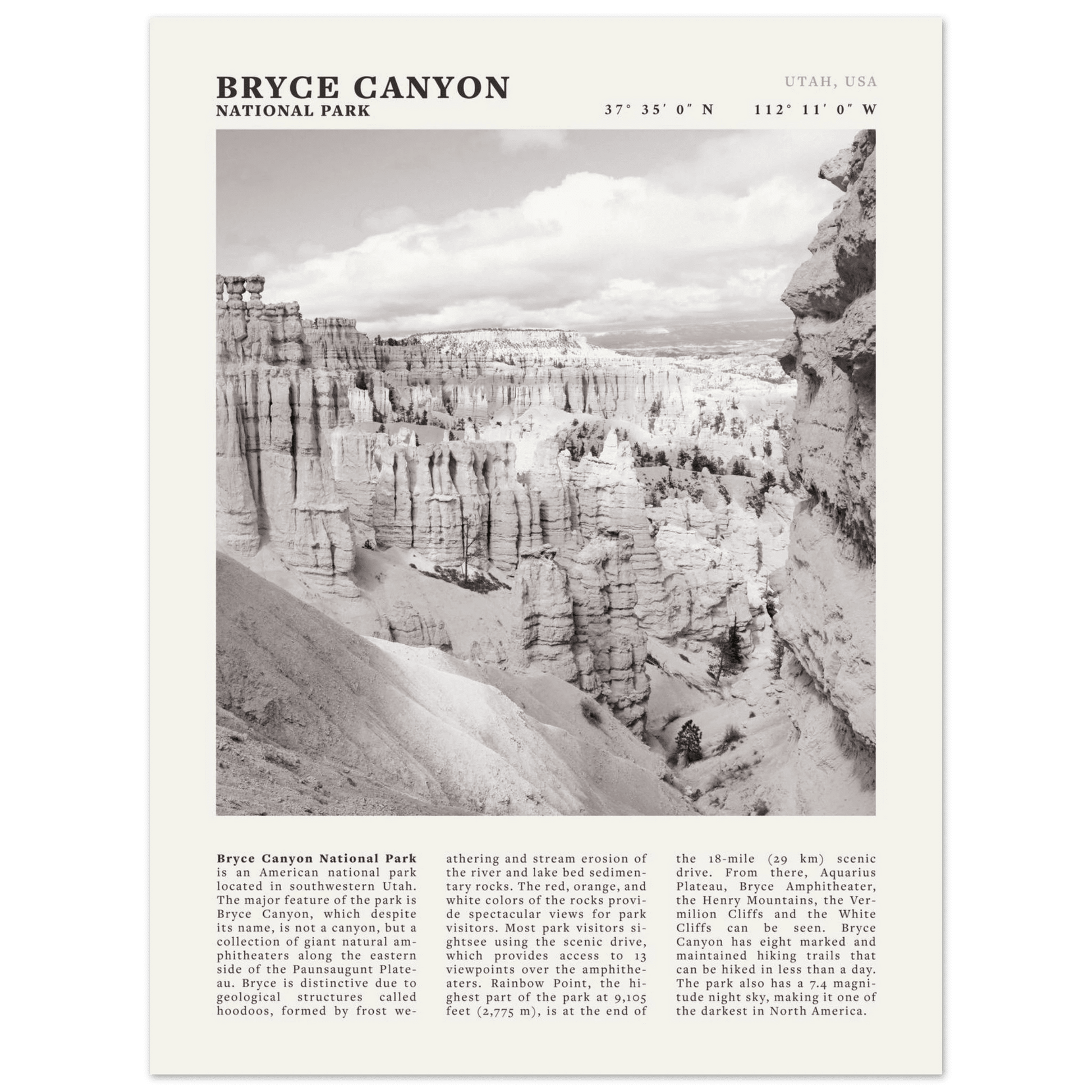 Bryce Canyon National Park Poster | Black & White Utah Hoodoos Wall Art Print - Evergreen Posters - 3