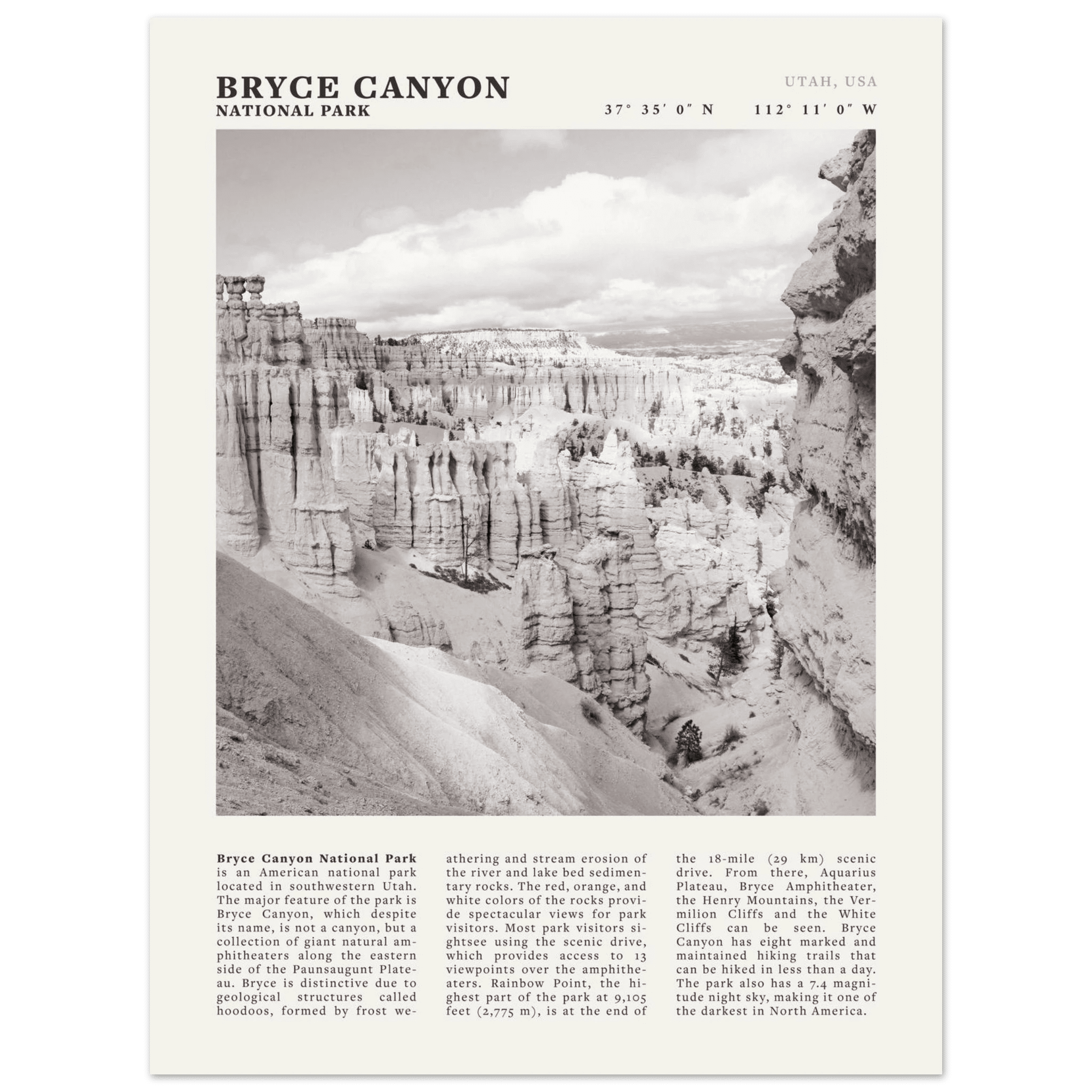 Bryce Canyon National Park Poster | Black & White Utah Hoodoos Wall Art Print - Evergreen Posters - 3