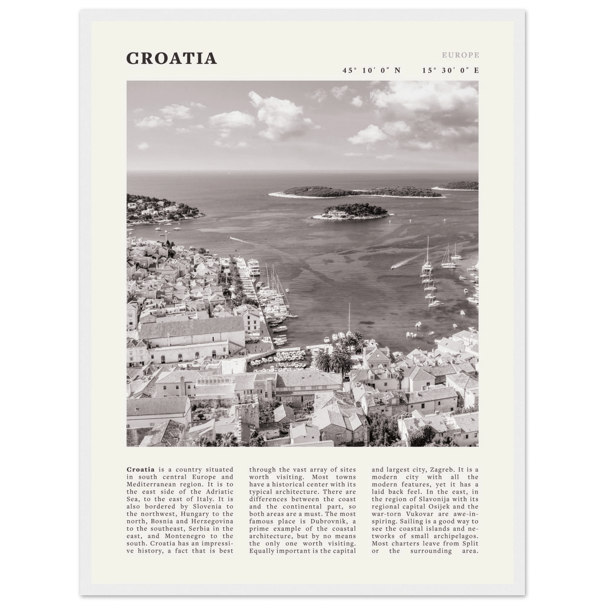 Croatia Poster | Black & White Hvar Island Wall Art | Adriatic Travel Print Decor - Evergreen Posters