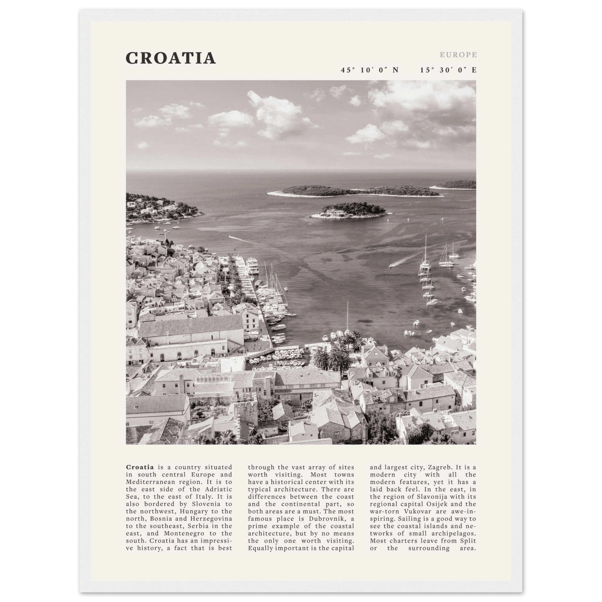 Croatia Poster | Black & White Hvar Island Wall Art | Adriatic Travel Print Decor - Evergreen Posters