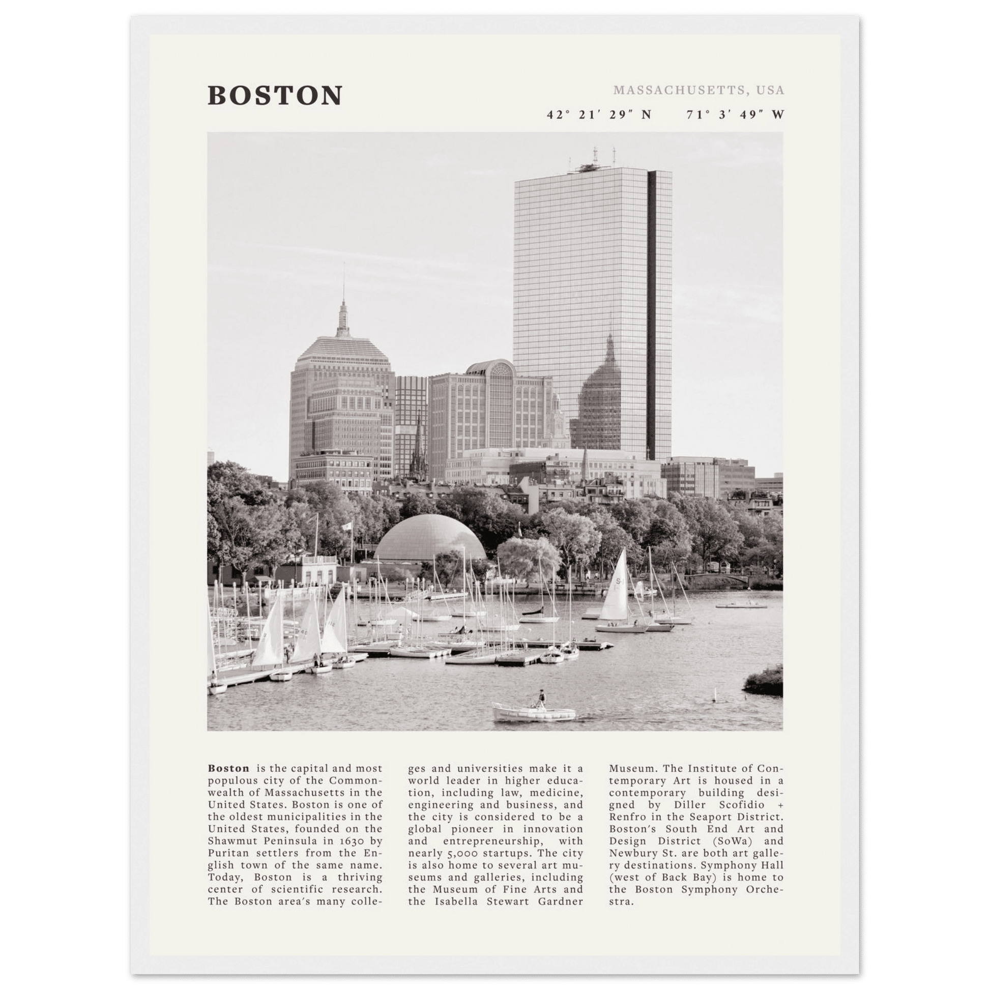 Boston Poster | Black & White Charles River Skyline Wall Art | Massachusetts Print - Evergreen Posters