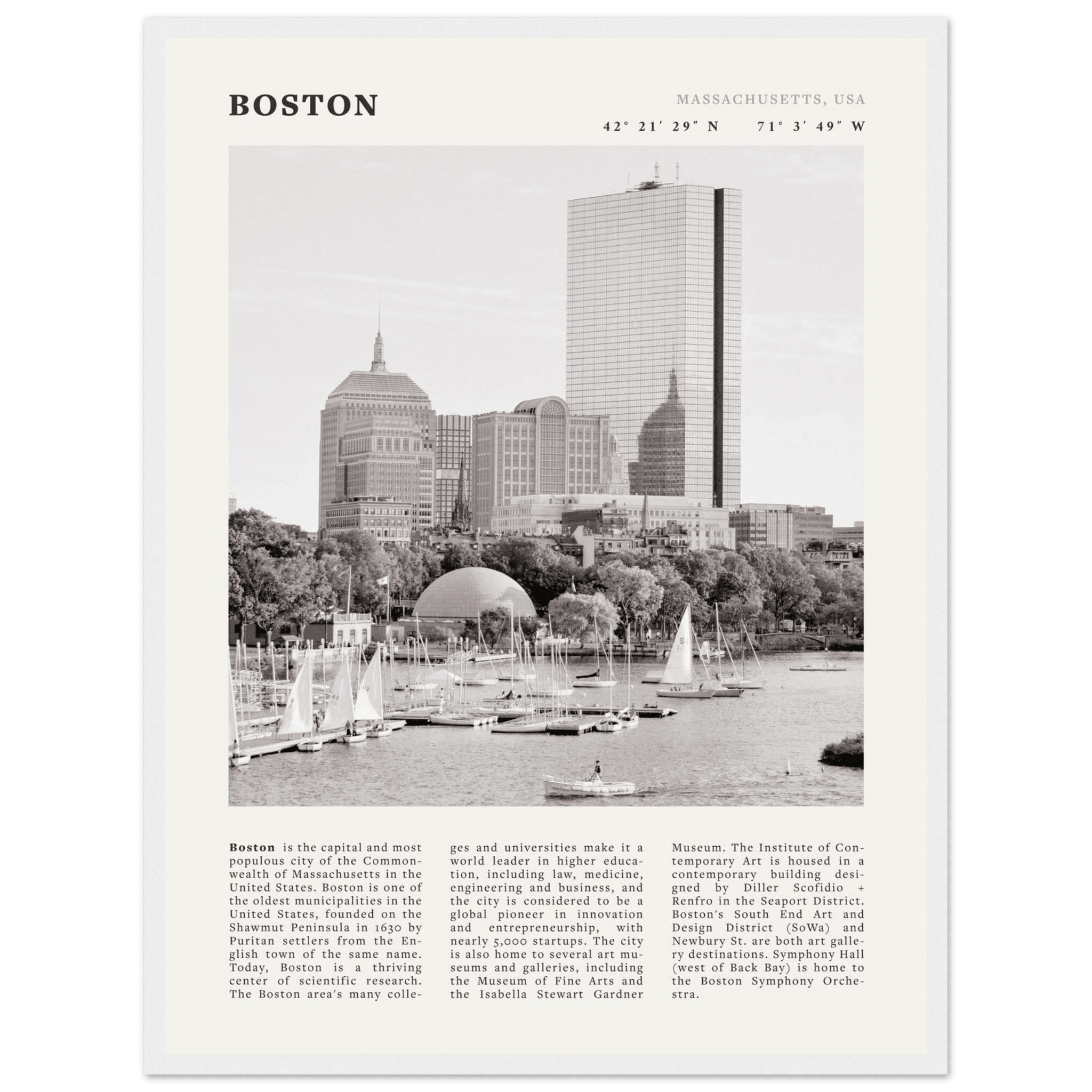 Boston Poster | Black & White Charles River Skyline Wall Art | Massachusetts Print - Evergreen Posters