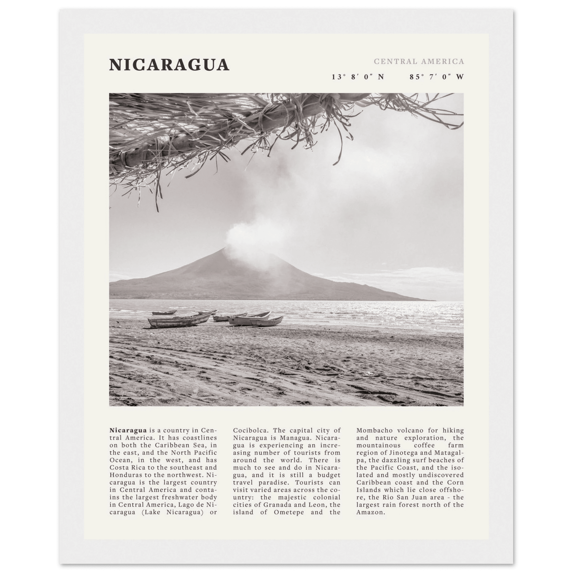 Nicaragua Poster | Black & White Volcano Wall Art | Central America Travel Print - Evergreen Posters