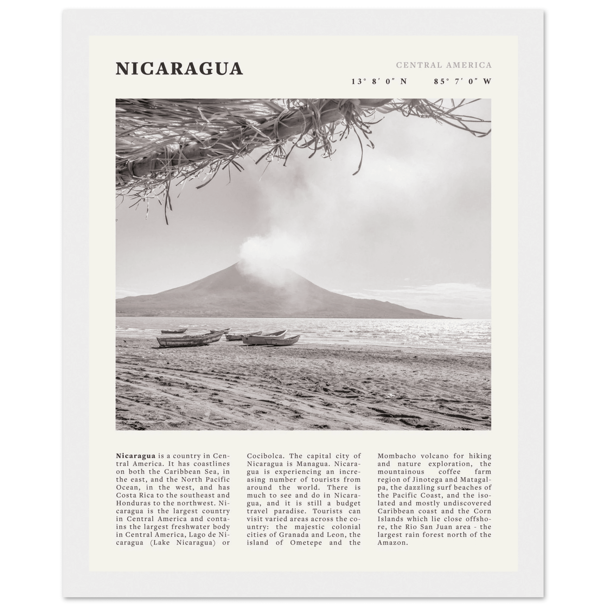 Nicaragua Poster | Black & White Volcano Wall Art | Central America Travel Print - Evergreen Posters