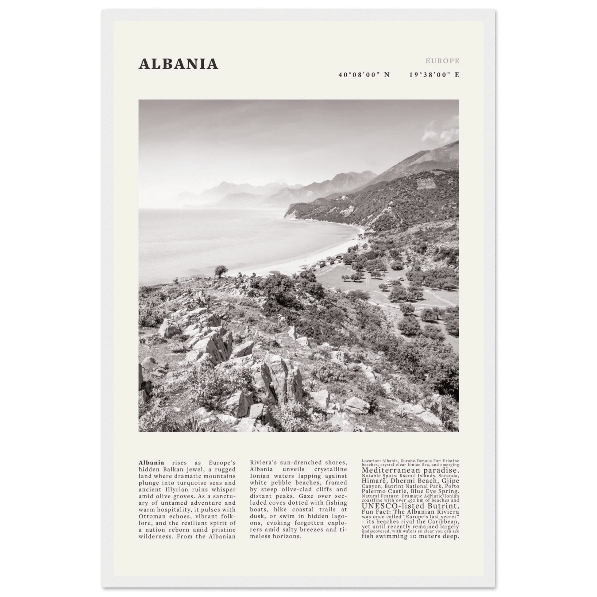 Albania Poster Black and White – Vintage Albanian Riviera Travel Print (Digital & Printed Options) - Evergreen Posters