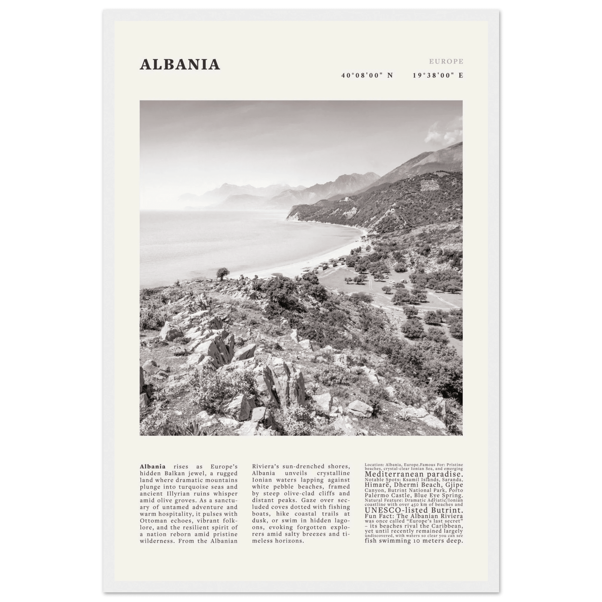 Albania Poster Black and White – Vintage Albanian Riviera Travel Print (Digital & Printed Options) - Evergreen Posters