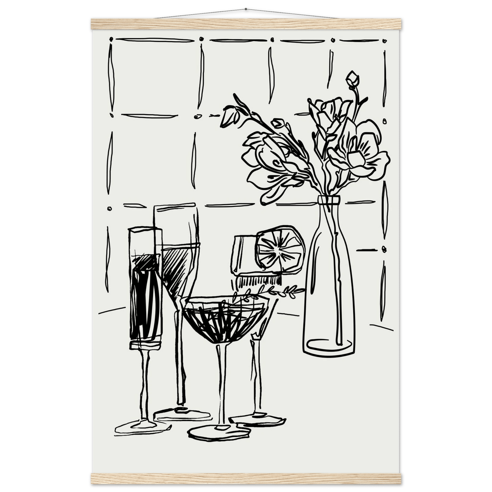 Cocktails & Flowers Print | Black Line Art Drinks Wall Art | Kitchen Bar Poster - Evergreen Posters