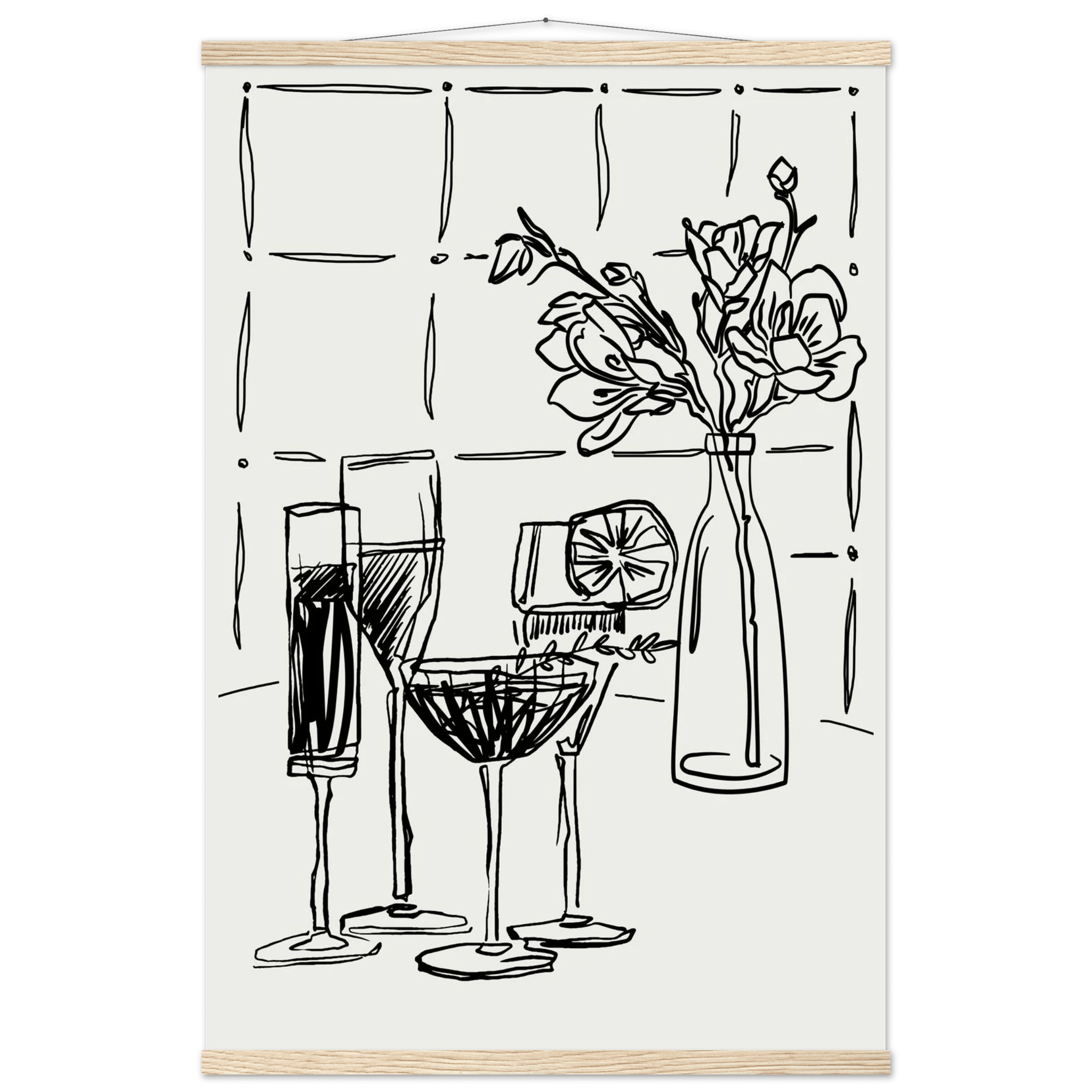Cocktails & Flowers Print | Black Line Art Drinks Wall Art | Kitchen Bar Poster - Evergreen Posters