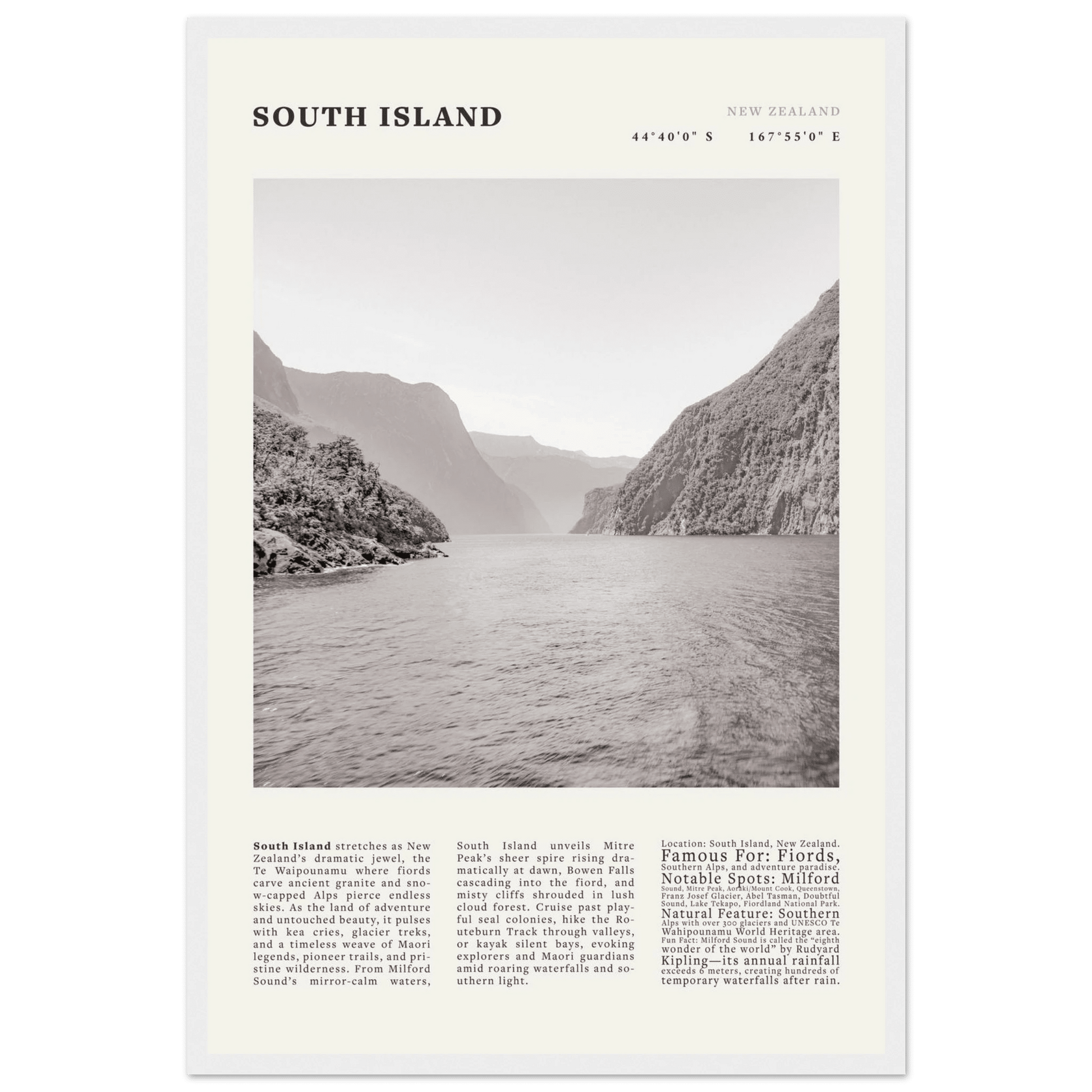 South Island New Zealand Poster Black and White – Vintage Milford Sound Fjord Print - Evergreen Posters