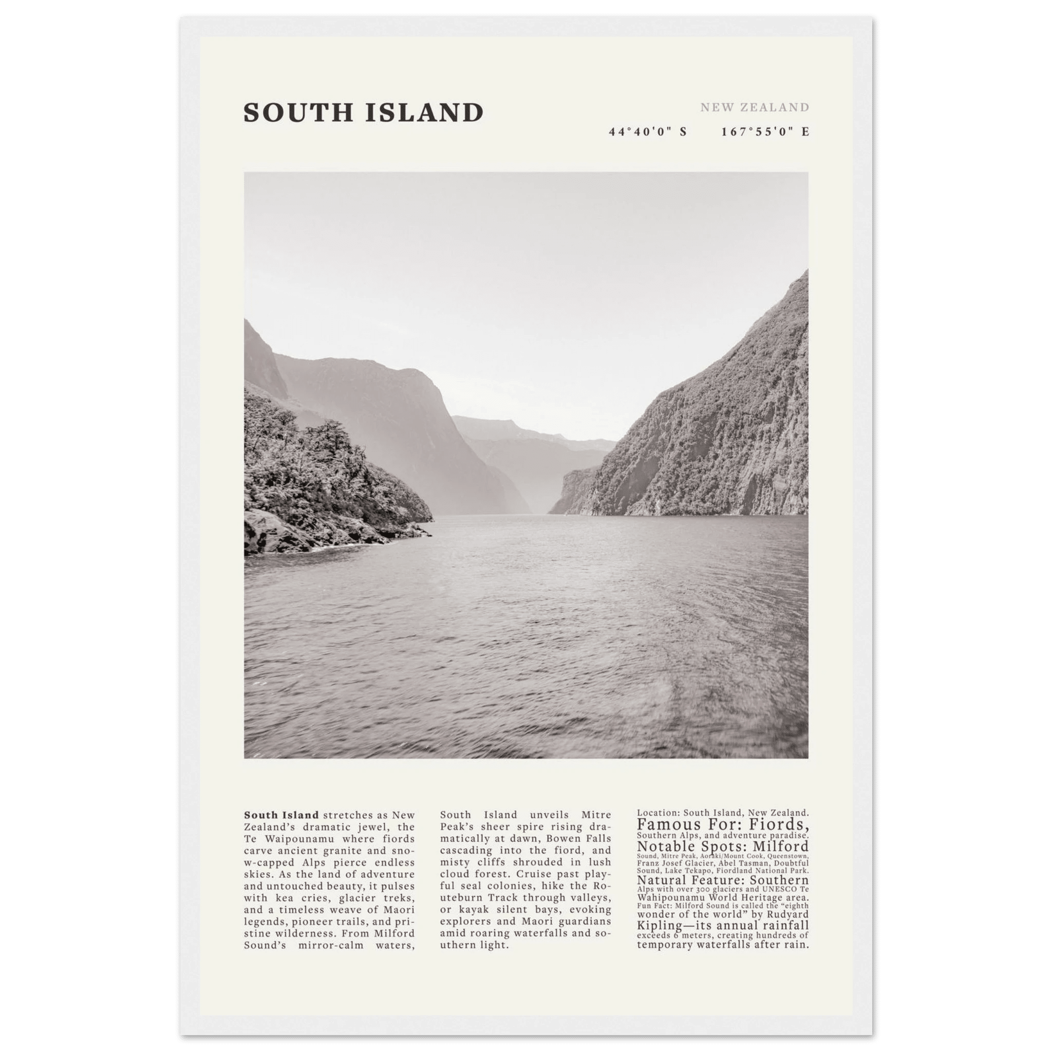 South Island New Zealand Poster Black and White – Vintage Milford Sound Fjord Print - Evergreen Posters