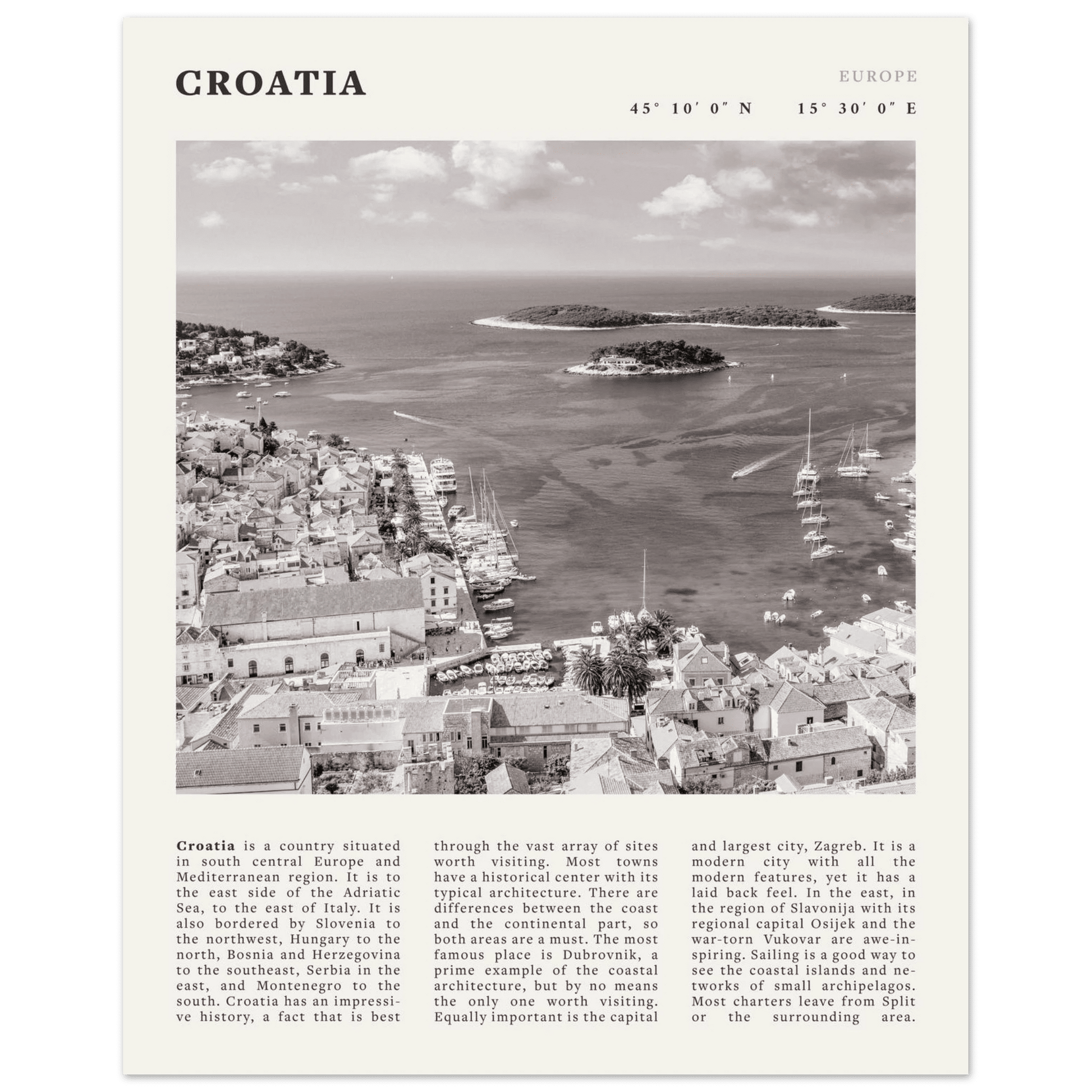 Croatia Poster | Black & White Hvar Island Wall Art | Adriatic Travel Print Decor - Evergreen Posters