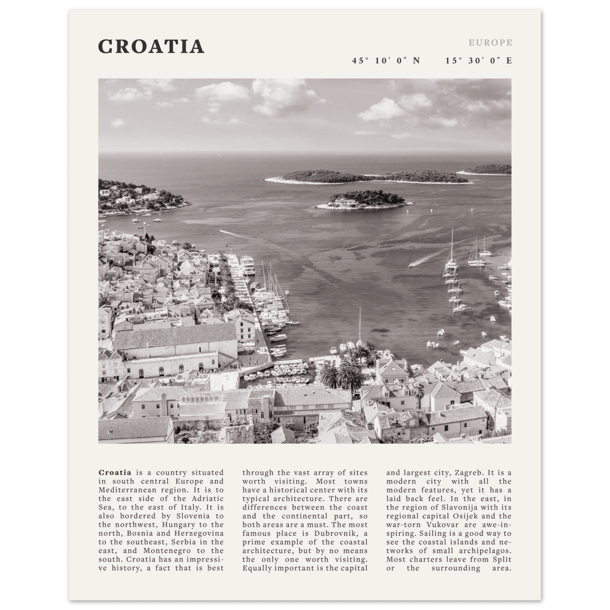 Croatia Poster | Black & White Hvar Island Wall Art | Adriatic Travel Print Decor - Evergreen Posters