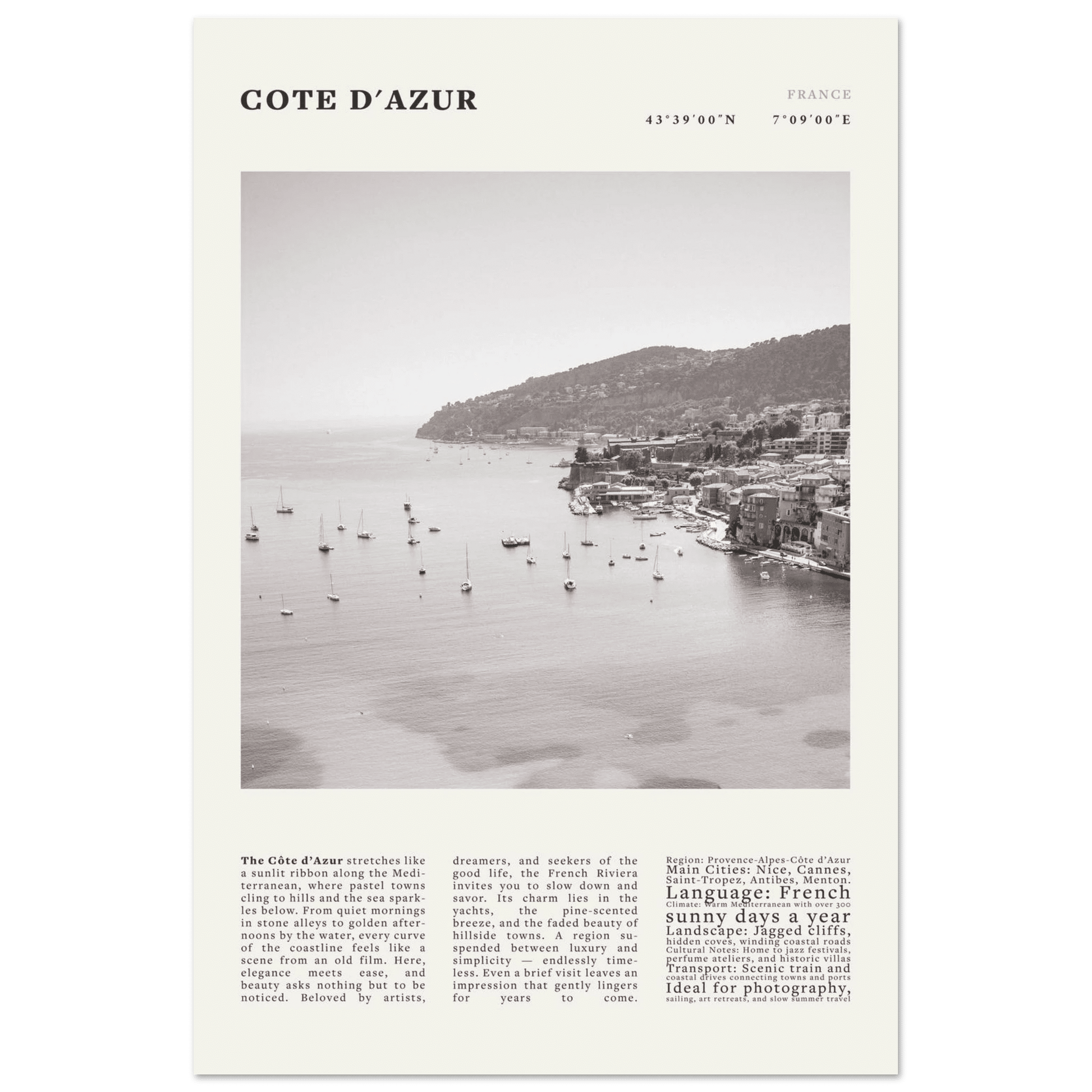 Côte d'Azur Poster Black and White – Vintage French Riviera Coast Print (Digital & Printed Options) - Evergreen Posters