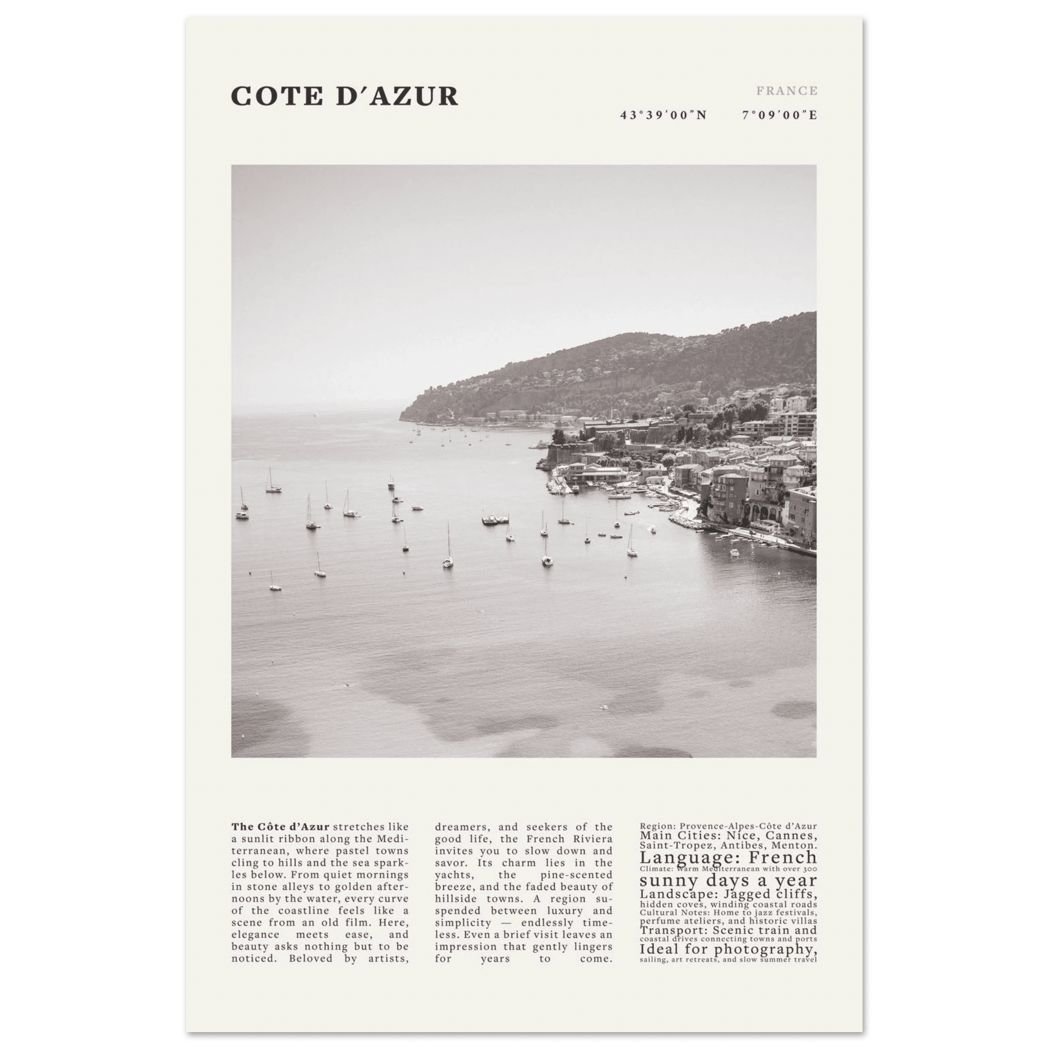 Côte d'Azur Poster Black and White – Vintage French Riviera Coast Print (Digital & Printed Options) - Evergreen Posters