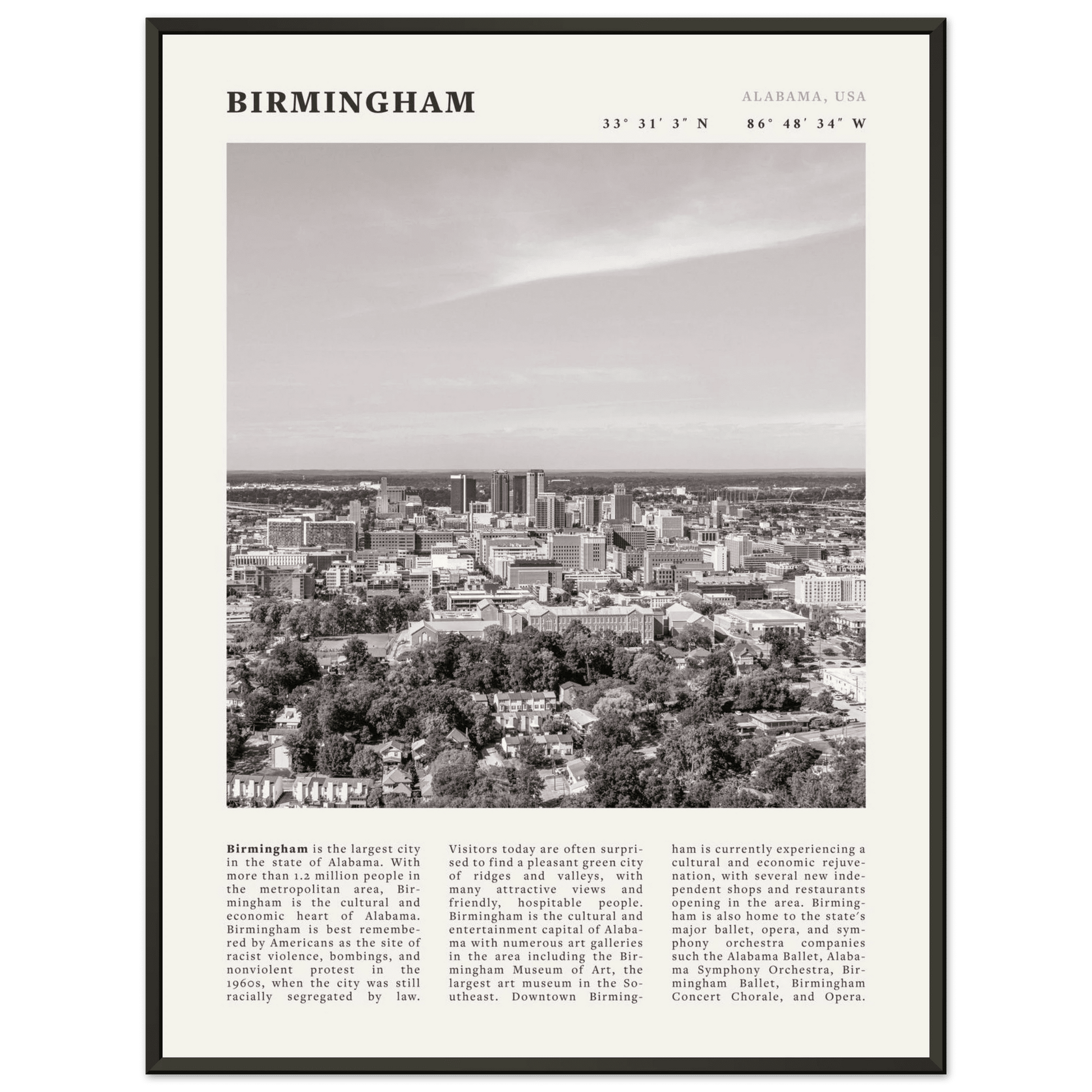 Birmingham Poster | Black & White Alabama Skyline Wall Art | AL Travel Print - Evergreen Posters